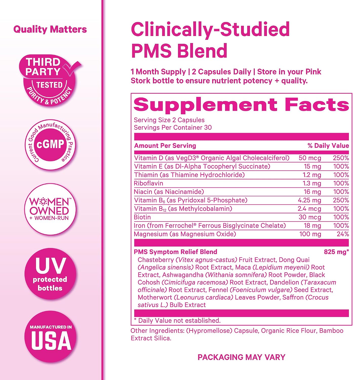 Pink Stork PMS Supplement for Women - Vitex, Ashwagandha, Maca Root & 10 Vitamins & Minerals to Support Hormone Balance, Mood, Bloating, Period Regularity - 60 Capsules