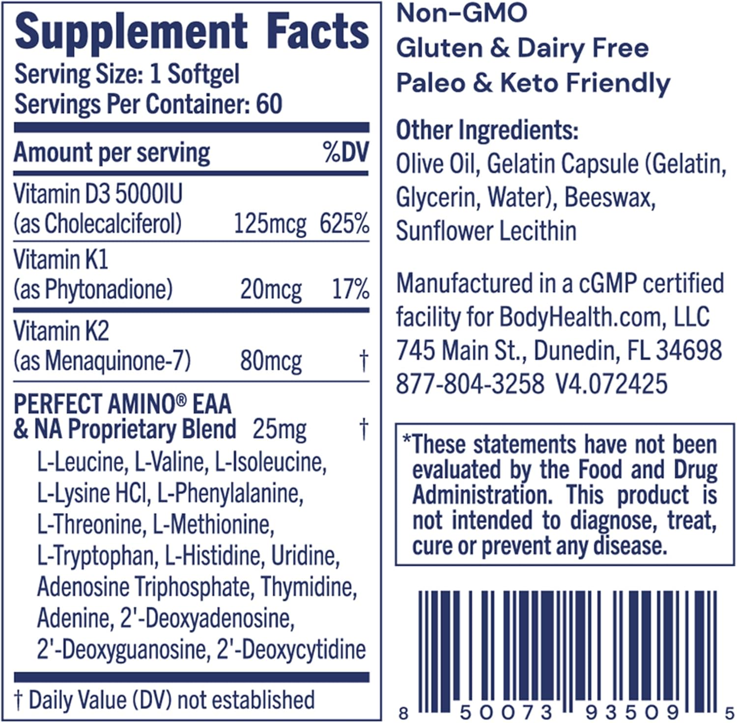 BodyHealth D3 + MK7 - Vitamin D3 5000IU, Vitamin K1, Vitamin K2 - Easy to Swallow Supplement, Supports Bone Strength & Calcium Absorbtion* - 60 Softgels