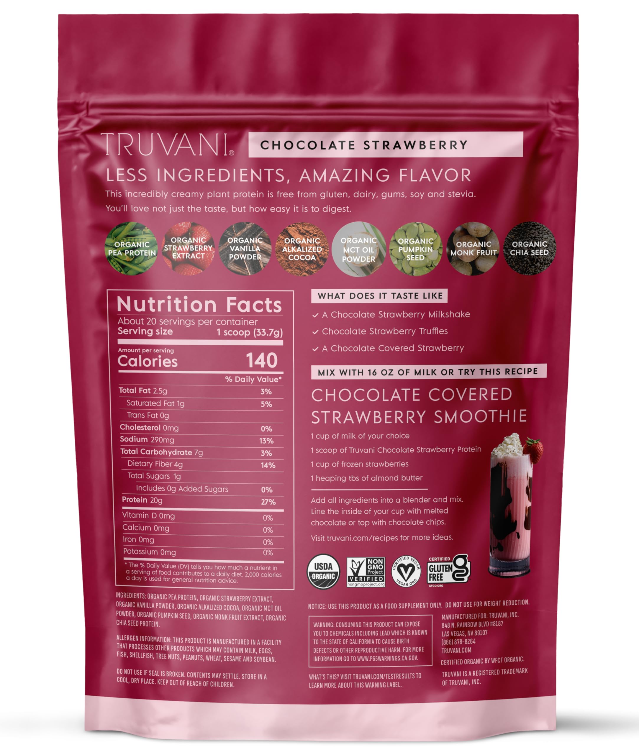 Truvani Organic Plant Based Protein Powder | Vanilla | 18 Servings | Vegan | 20g Pea Protein | Keto | Gluten & Dairy Free | Low Carb | No Added Sugar