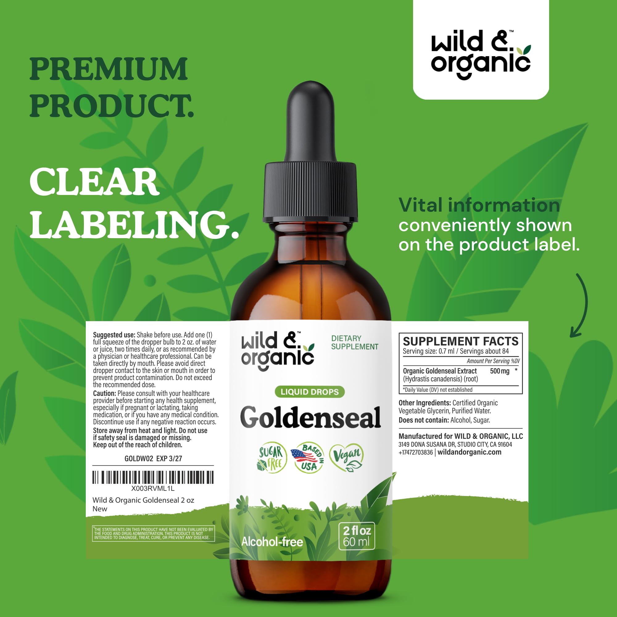 Wild & Organic Goldenseal Tincture - Lung & Digestive Support - Goldenseal Root Extract Liquid Drops - Vegan, Sugar & Alcohol-Free Herb Supplement - 4 fl oz
