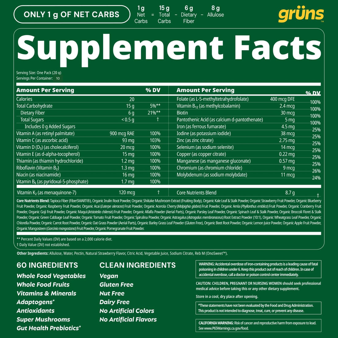 Package of gröns Superfoods Greens Gummies with green and yellow design.