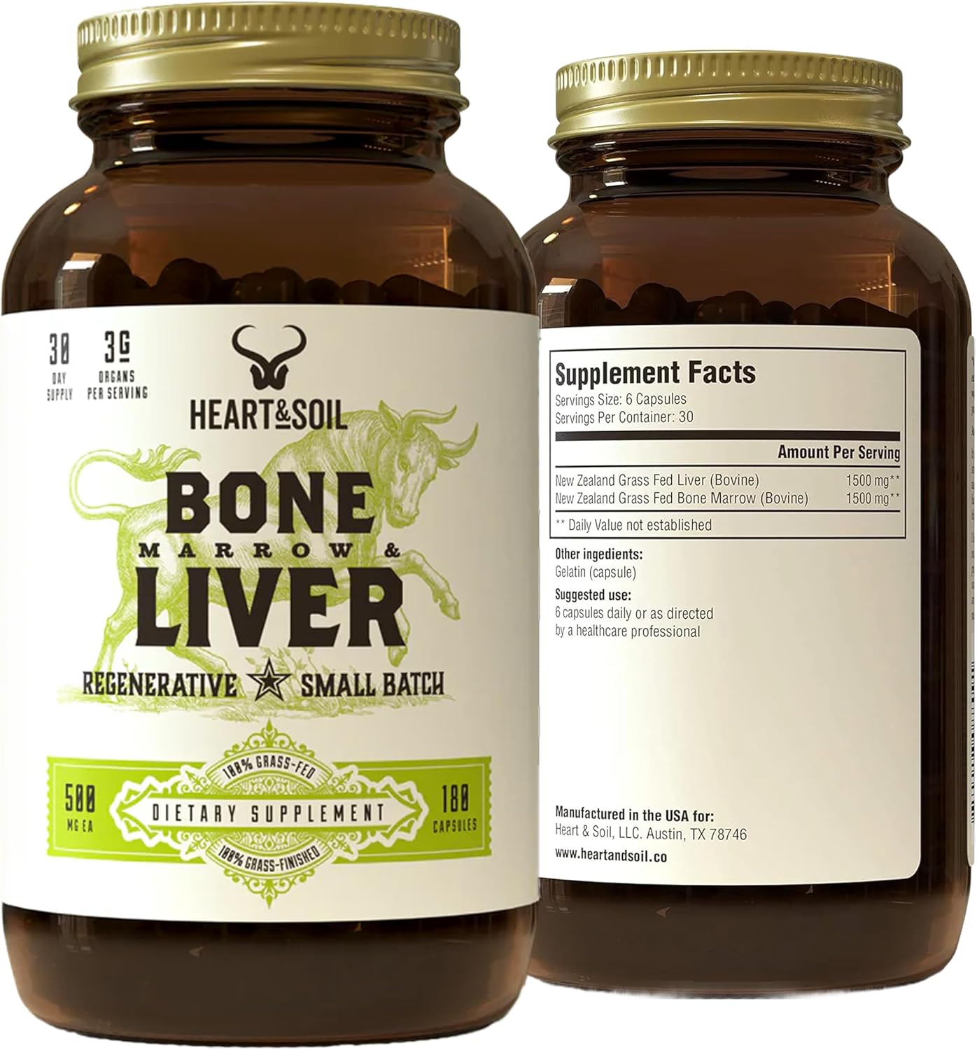 HEART & SOIL Bone Marrow & Beef Liver, 180 Capsules | 100% grass fed & finished from regenerative cattle. Supports bones, joints, tissue & skin. 3000mg for women & men.