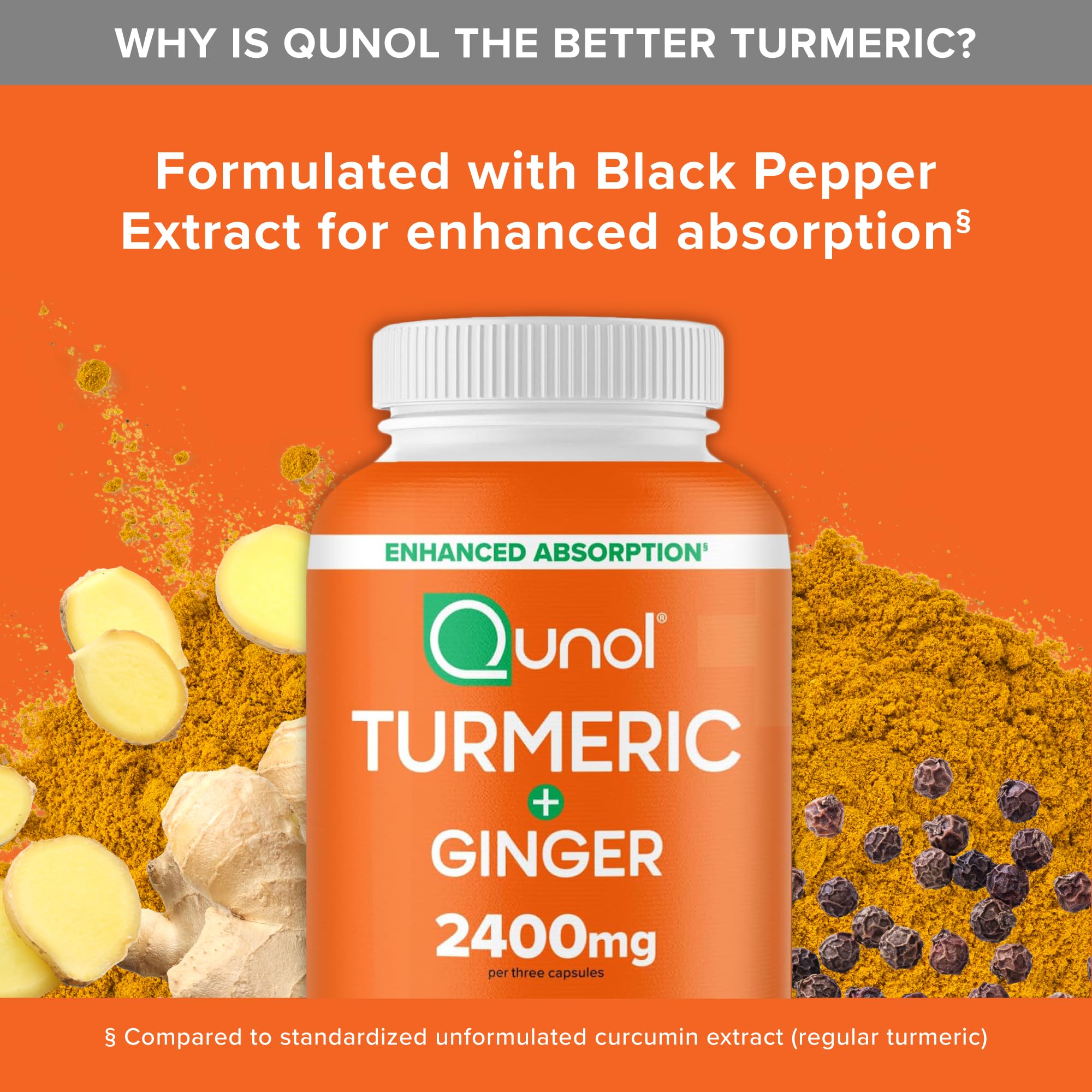 Qunol Turmeric Curcumin with Black Pepper & Ginger, 2400mg Turmeric Extract with 95% Curcuminoids, Extra Strength Supplement