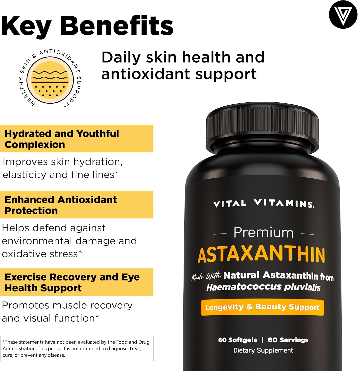 Vital Vitamins Astaxanthin 12mg Softgels for Skin Hydration & Elasticity | Natural Astaxanthin from Microalgae, Antioxidant Protection for Skin, Eyes & Exercise Recovery, Vegan, 60 Softgels