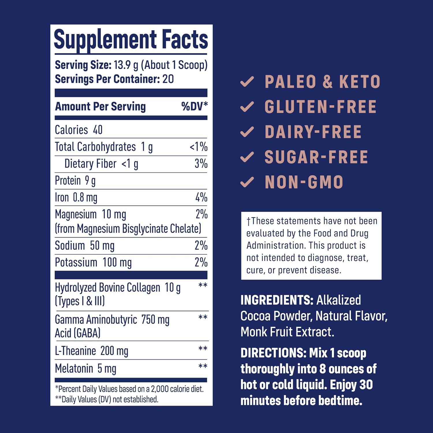 NativePath Collagen PM Chocolate with Melatonin, 20 Servings | Grass-Fed Peptides, Magnesium, GABA & L-Theanine, Supports Restful Sleep, Skin & Hair, No Added Sugar