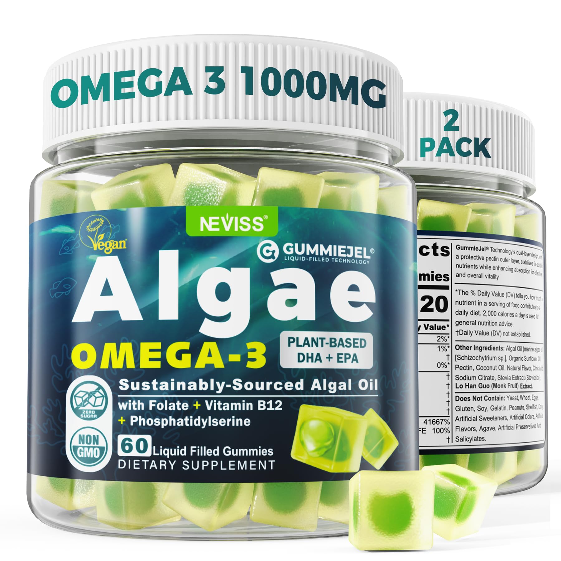 Vegan Omega-3 Gummies for Adults, Fish Oil Alternative from Algae Oil, Plant Based DHA 460mg & EPA 230mg Plus MethylFolate, Vitamin B12, Phosphatidylserine, No Fishy Taste, Vegan, Sugar Free, 60 Cts