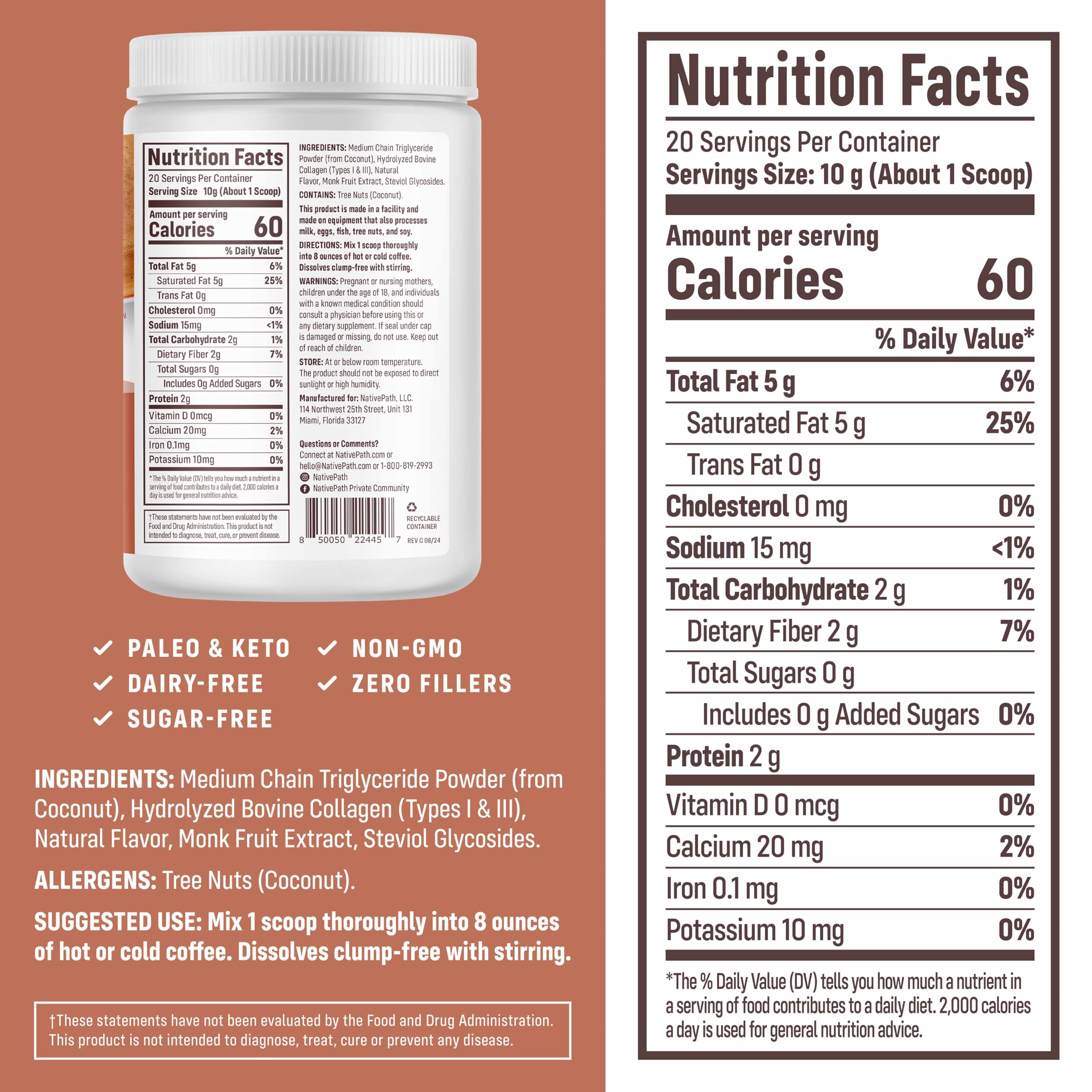 NativePath Keto Creamer, French Vanilla, Collagen & MCT, 20 Servings | Sugar-Free, Monk Fruit Sweetened, Non-Dairy & Creamy, Supports Skin, Hair & Nails, Low-Carb Friendly
