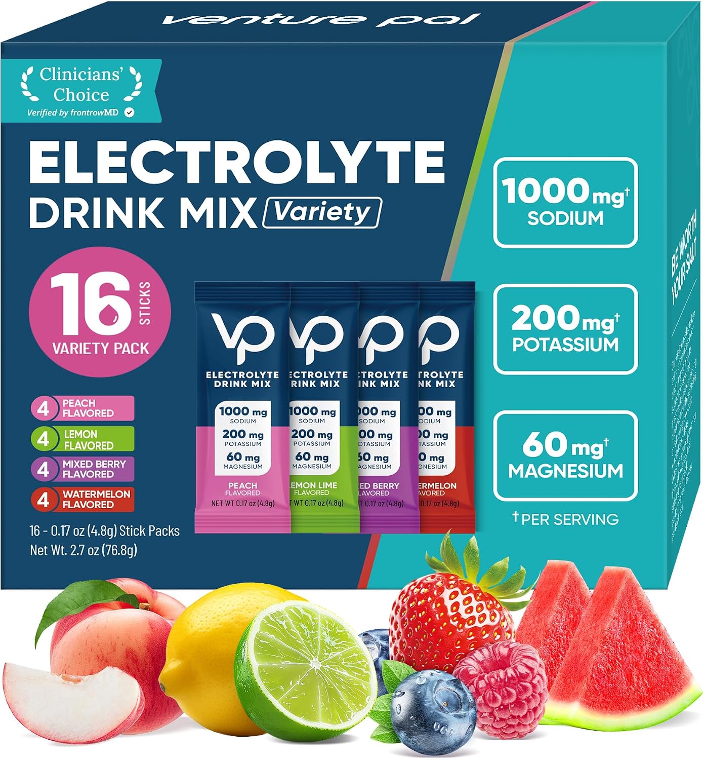 Venture Pal High Sodium Sugar-Free Electrolytes Powder Packets, 16 Sticks | Hydration Packets with Sodium, Potassium & Magnesium, Zero Calories, Keto, Vegan, and Paleo Friendly