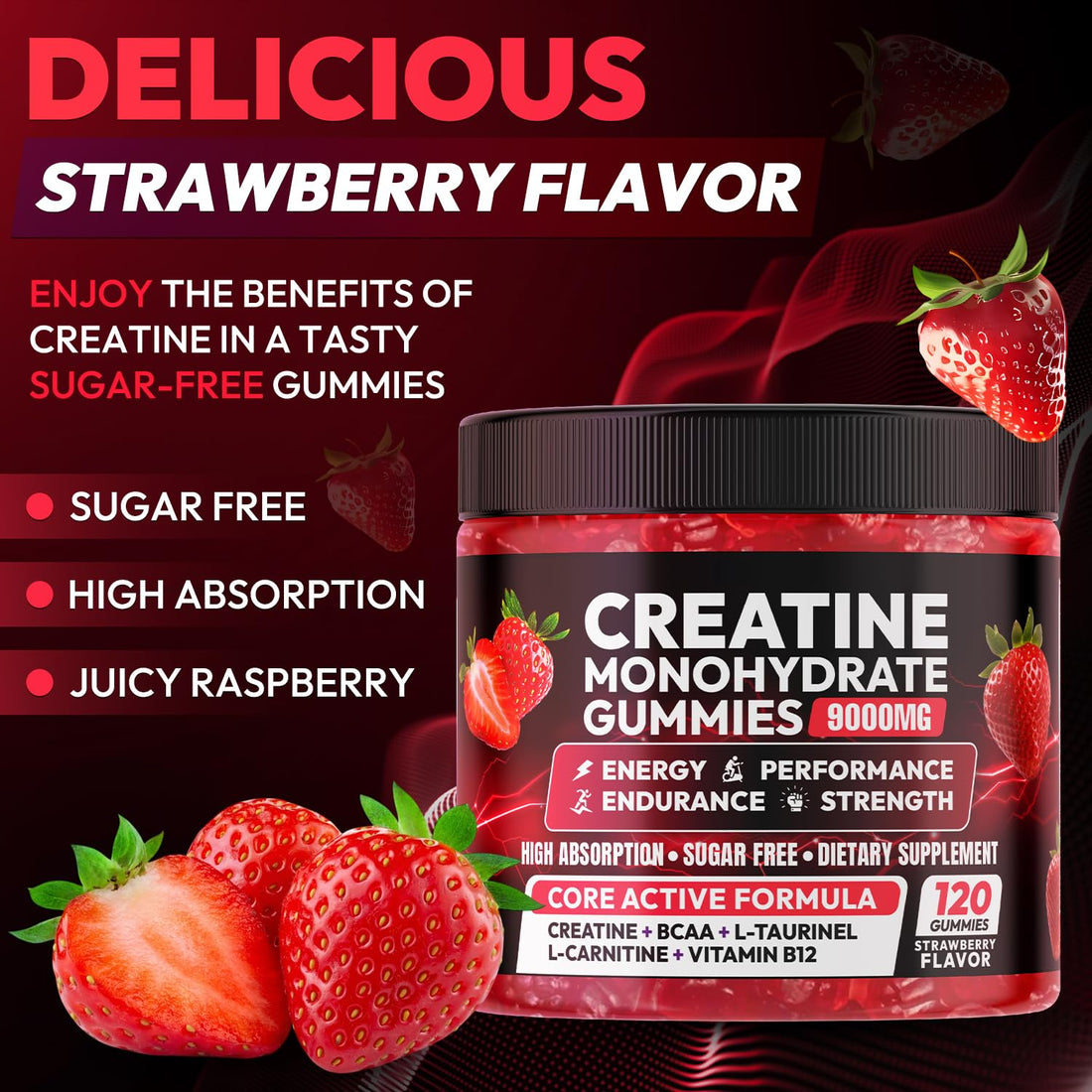 Creatine Gummies Monohydrate Complex 9000MG, Chewable Creatine Monohydrate Gummies for Men & Women with L-Taurine, BCAA 2:1, B12/6, Building Muscle