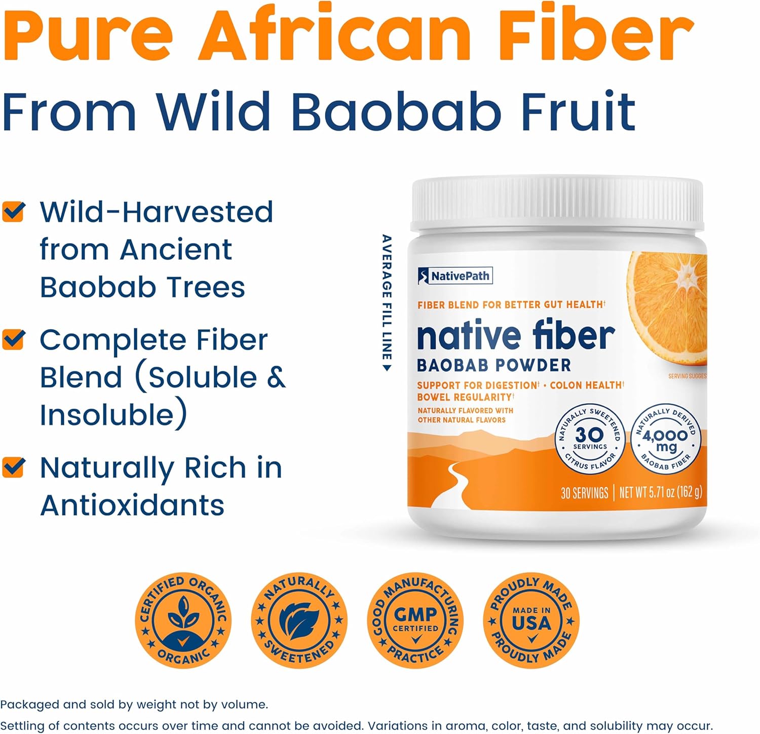 NativePath Baobab Prebiotic Fiber, Orange, Sugar-Free, 30 Servings | Organic Soluble Source, L-Glutamine, Supports Digestion, Regularity, Gut Health & Microbiome, Keto