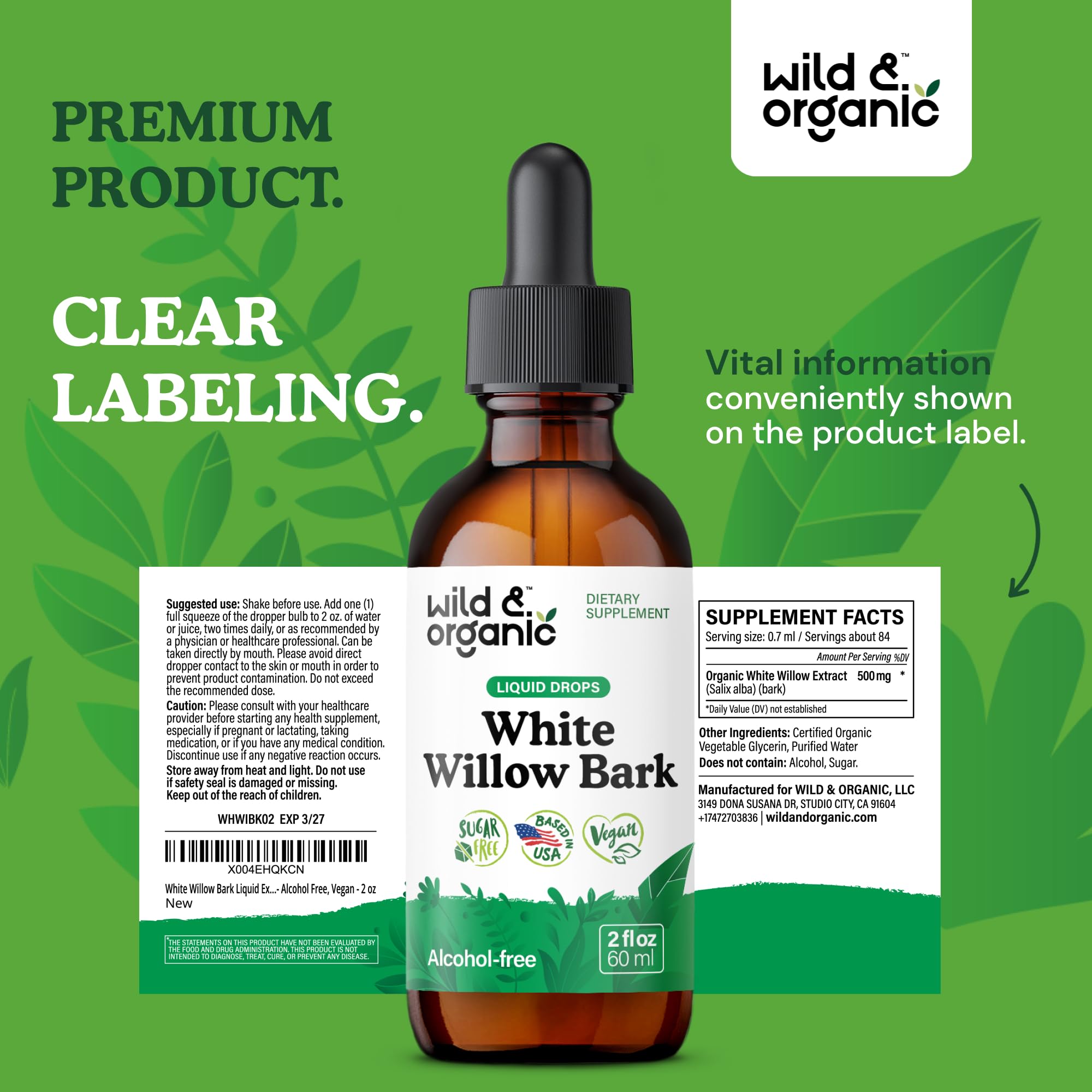 Wild & Organic White Willow Bark Tincture - Liquid Supplement for Overall Support - Alcohol & Sugar-Free White Willow Extract Drops - Salix Alba Bark - Vegan, No Additives - 4 fl oz