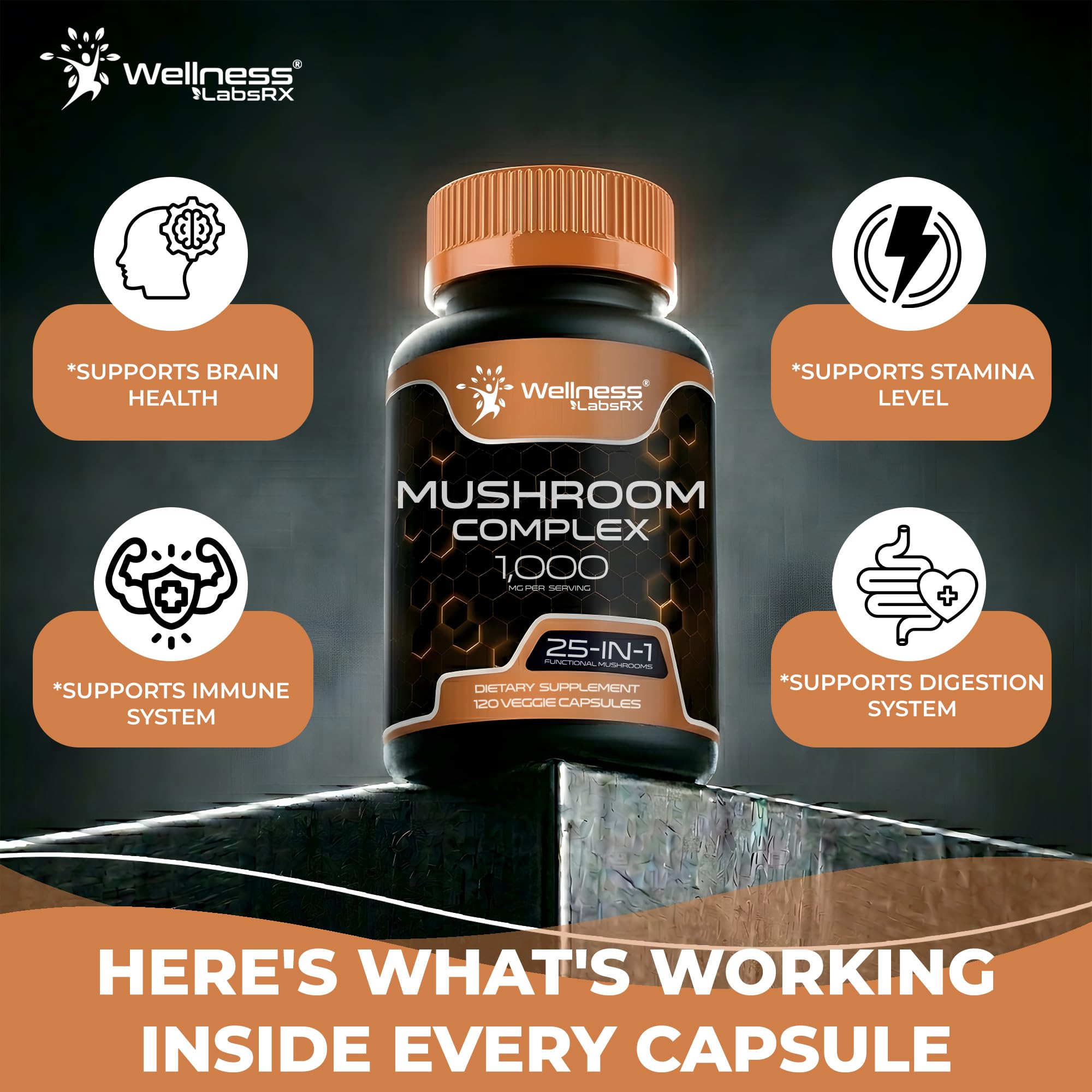WELLNESS LABSRX Mushroom Supplement Capsules 10:1 Extract, Mushroom Complex Capsules 1000mg, Lions Mane Supplement with Turkey Tail, Cordyceps, Reishi - 120 Count