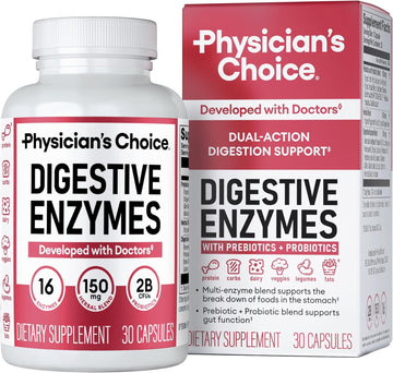Physician's CHOICE Digestive Enzymes for Bloating & Digestion - Fast-Acting 16 Enzyme Formula with Organic Prebiotics & Probiotics for Gut & Digestive Health - Meal Time Discomfort Relief - 30 CT