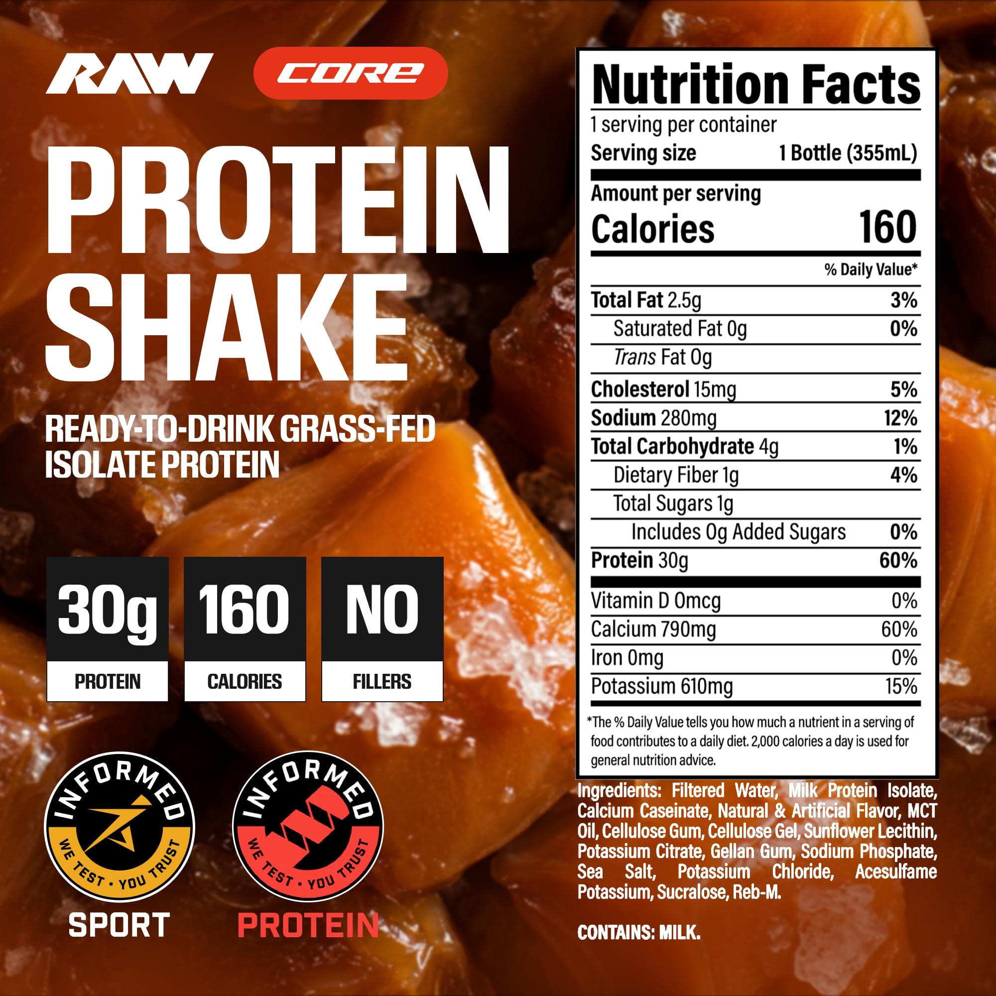 RAW Ready-to-Drink Protein Shake, Strawberry - RTD Protein Drinks with Grass-Fed Whey Protein Isolate for Post-Workout - Zero-Sugar & Gluten-Free Meal Replacement Drink & Breakfast Shake, 12 Fl Oz
