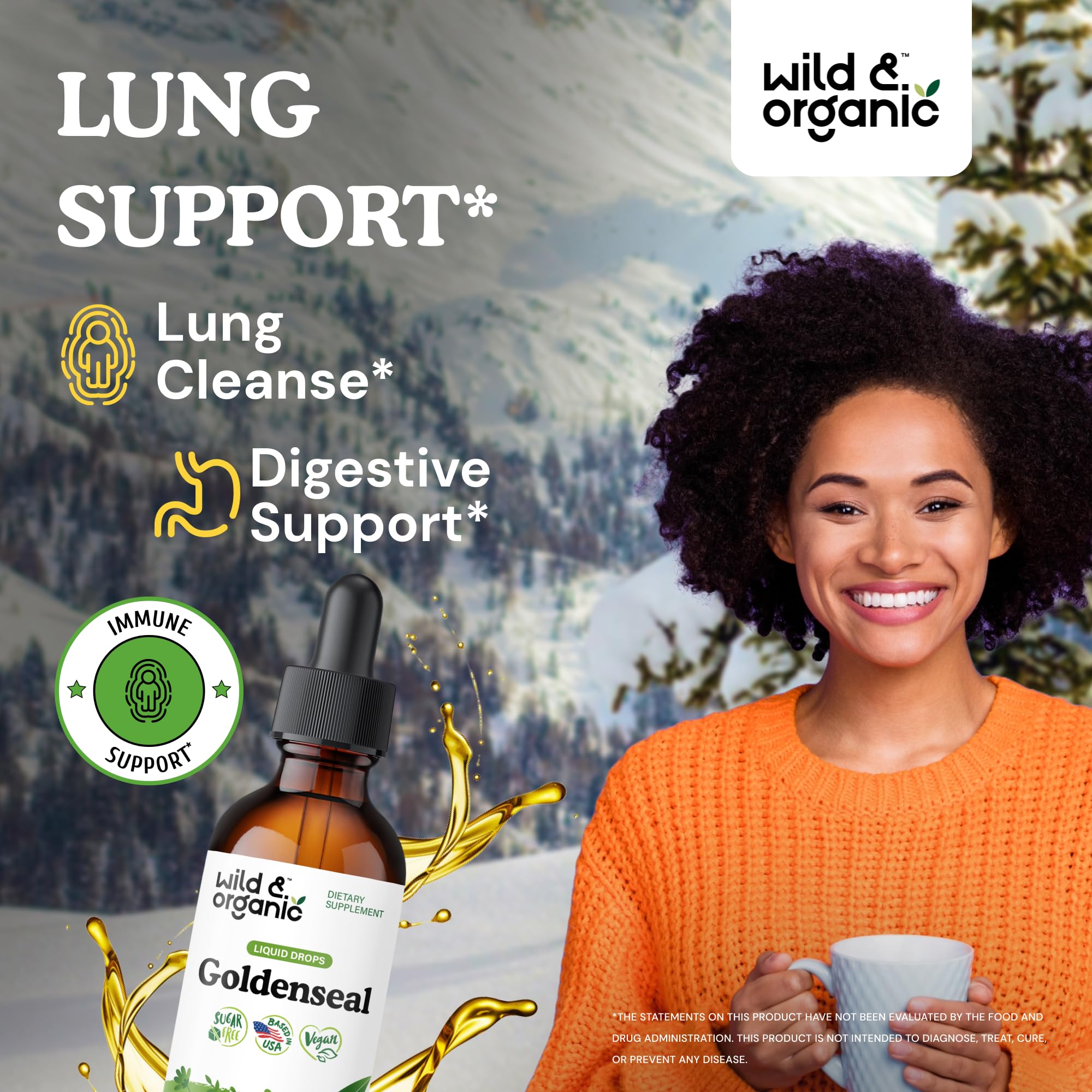 Wild & Organic Goldenseal Tincture - Lung & Digestive Support - Goldenseal Root Extract Liquid Drops - Vegan, Sugar & Alcohol-Free Herb Supplement - 4 fl oz