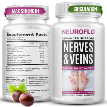 Mizzle Leg Circulation Supplement - Supports Nerves, Veins with 1470mg, 8 in 1 Capsule of Chestnut, Diosmin, Hawthorn for Maximum Relief in Toes, Feet, Ankles, Calves, Legs - Neuroflo MizzleBuy Supplements Australia