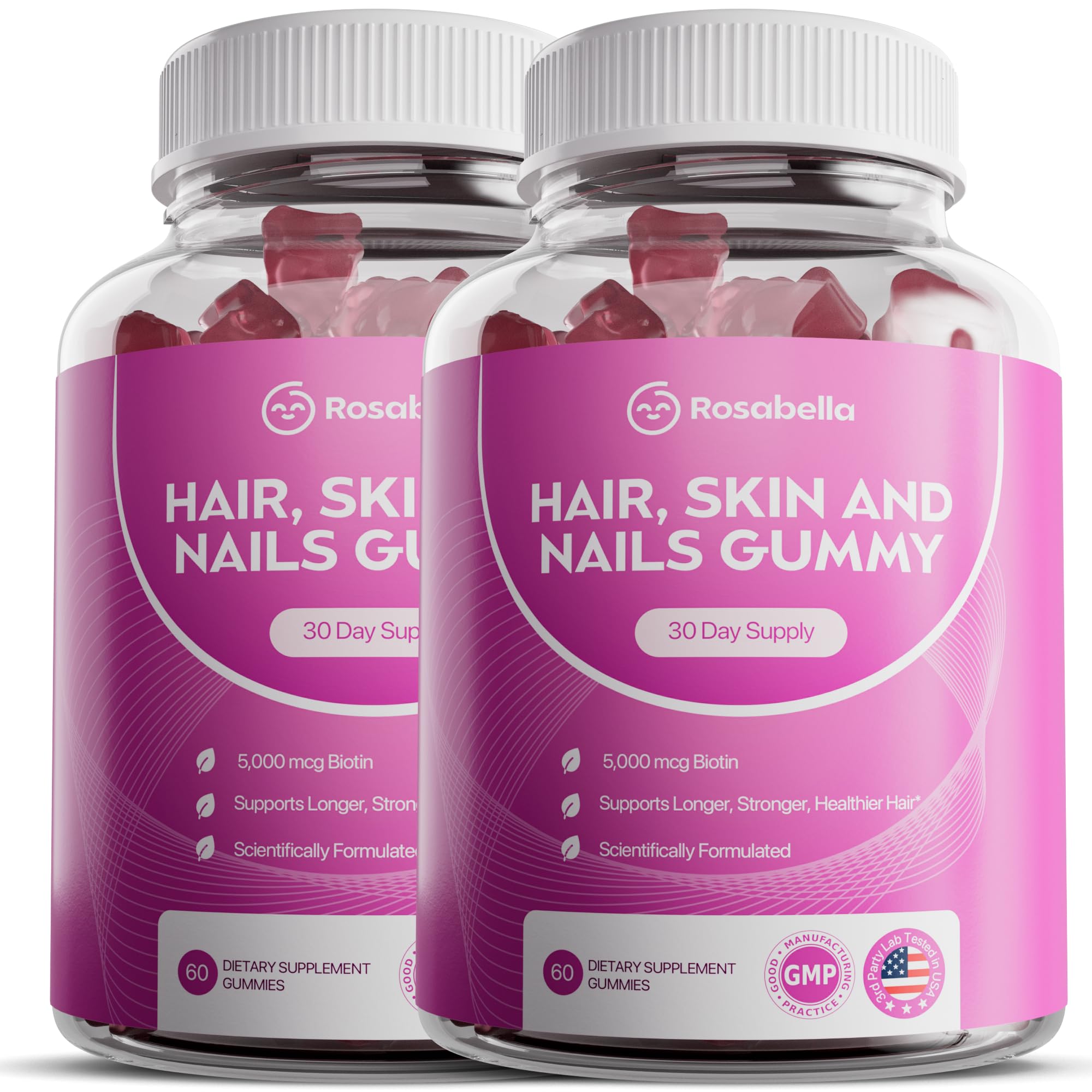 Rosabella Hair Growth Gummies for Women & Men – Vegan Hair Gummies with 5000mcg Biotin – Hair Vitamins for Strong, Healthy-Looking Hair – Gummy Biotin Supplement – 60 Count