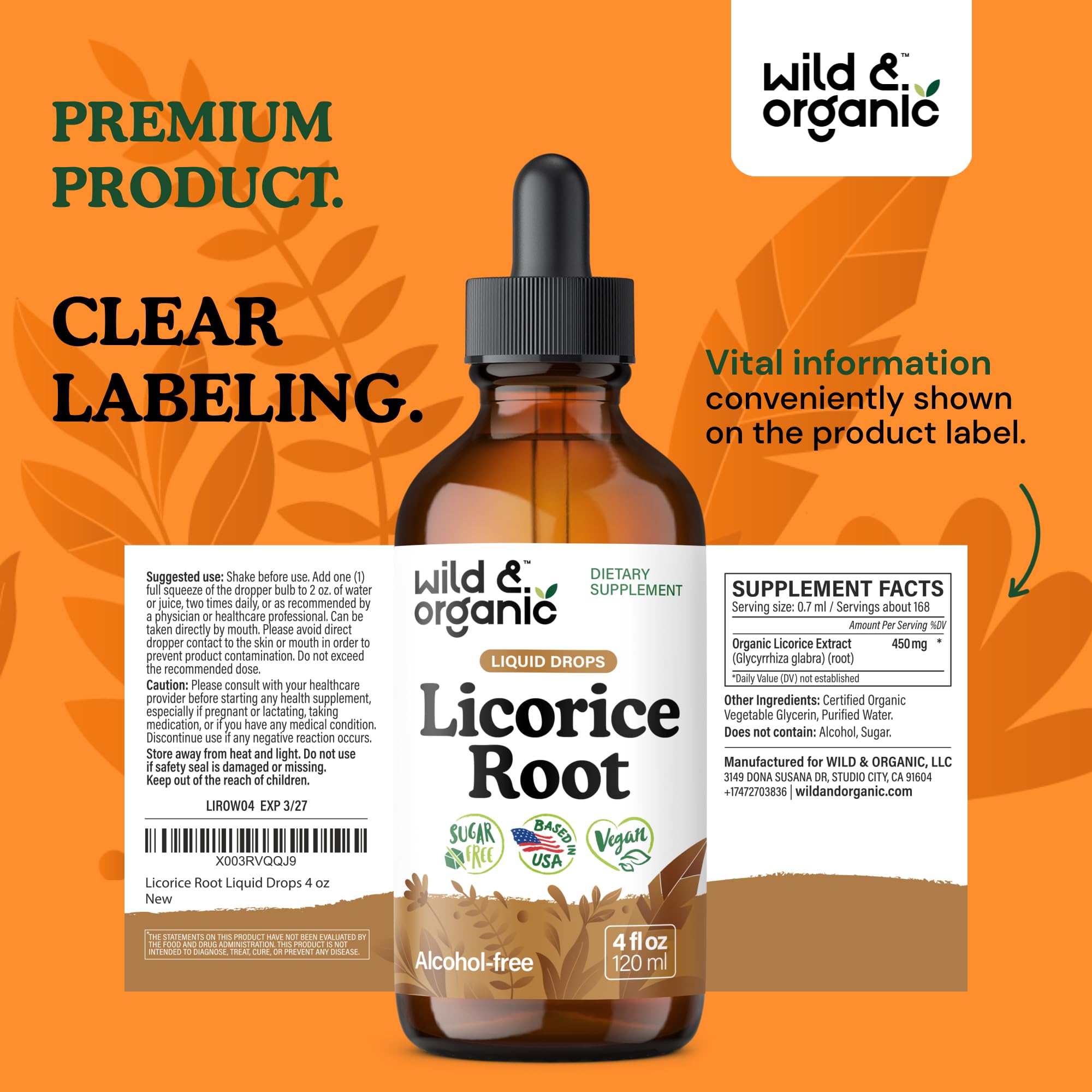 Wild & Organic Licorice Root Tincture - Digestive, Lung & Skin Support - Licorice Root Extract Liquid Drops - Vegan, Sugar & Alcohol-Free Supplement - 4 fl oz