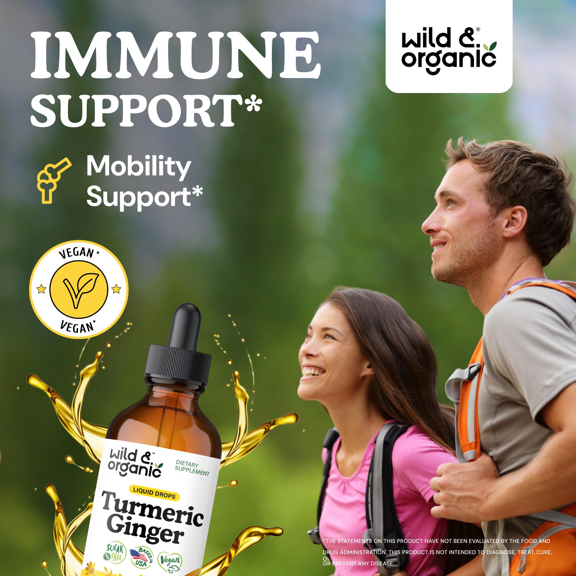 Wild & Organic Turmeric and Ginger Supplement - Movement & Immune Support - Liquid Turmeric Curcumin with Black Pepper and Ginger - Add to Tea Drops - Vegan, Sugar & Alcohol-Free Tincture - 4 oz