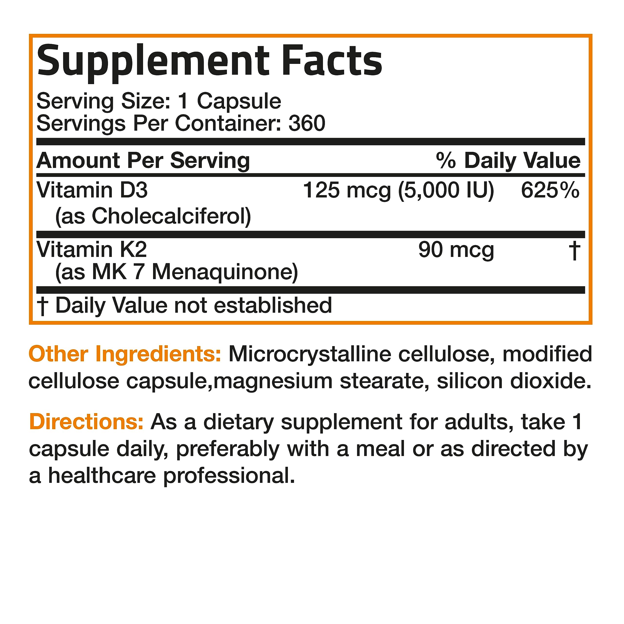 Bronson Vitamin K2 D3 (MK7) Supplement 2-in1 D3 & K2 Complex, 60 Capsules | Bone, Immune & Heart Health Support, Gluten Free, Soy Free, Non-GMO, Vitamin D3 5000IU (125 mcg) & 90 mcg K2 MK-7