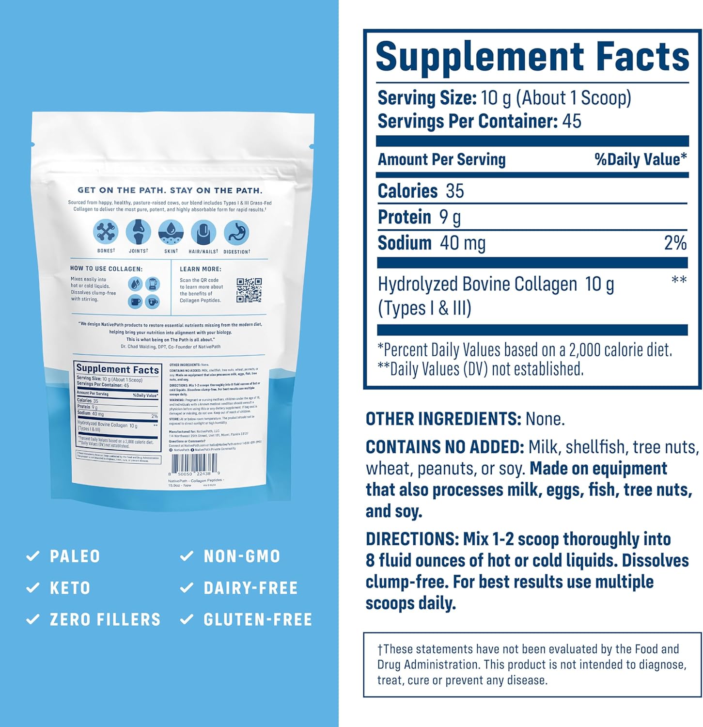 NativePath Collagen Peptides, Grass-Fed Type 1 & 3, 45 Servings | 10g Hydrolyzed Per Scoop, Supports Hair, Skin, Nails & Joints, Unflavored, Women & Men, Keto & Paleo