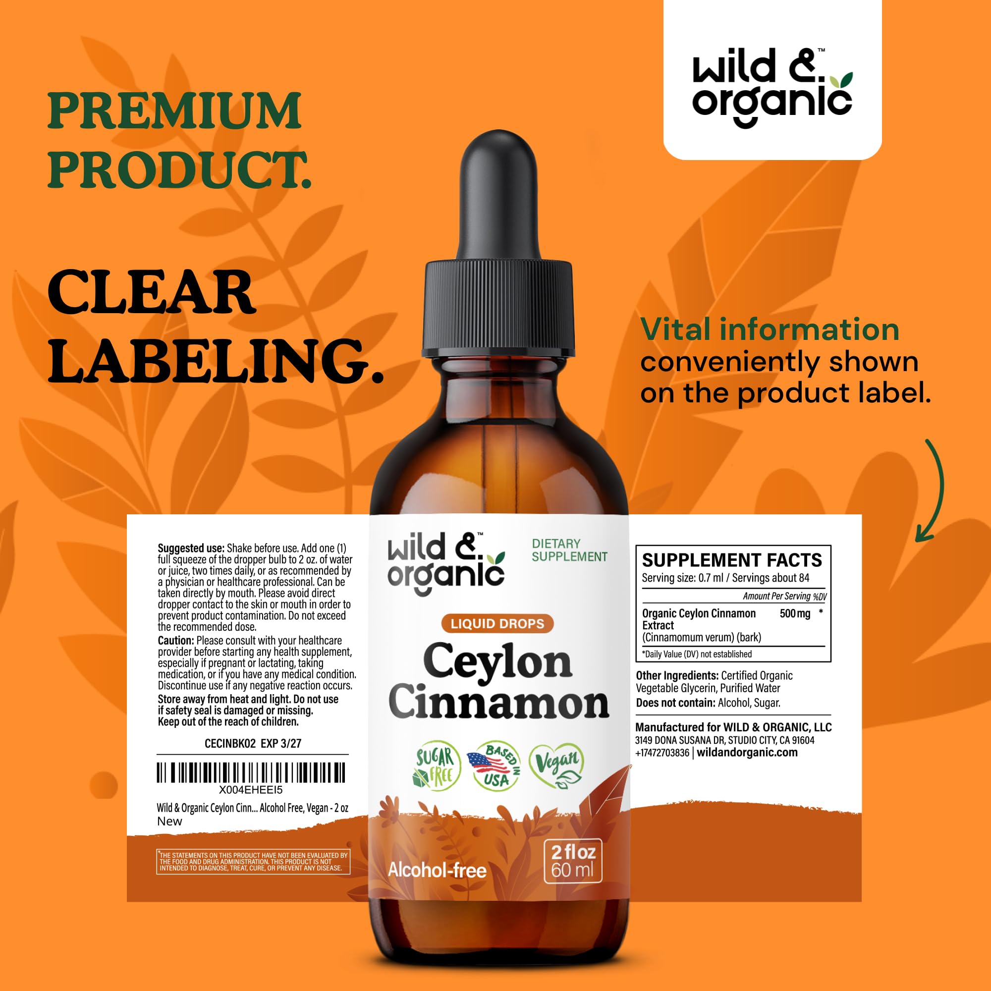Wild & Organic Ceylon Cinnamon Supplements 500mg - Antioxidant Support - Ceylon Cinnamon Drops - Add to Tea Liquid Extract - Cinnamomum Verum Bark - Unflavored, Sugar & Alcohol-Free Tincture - 4 fl oz
