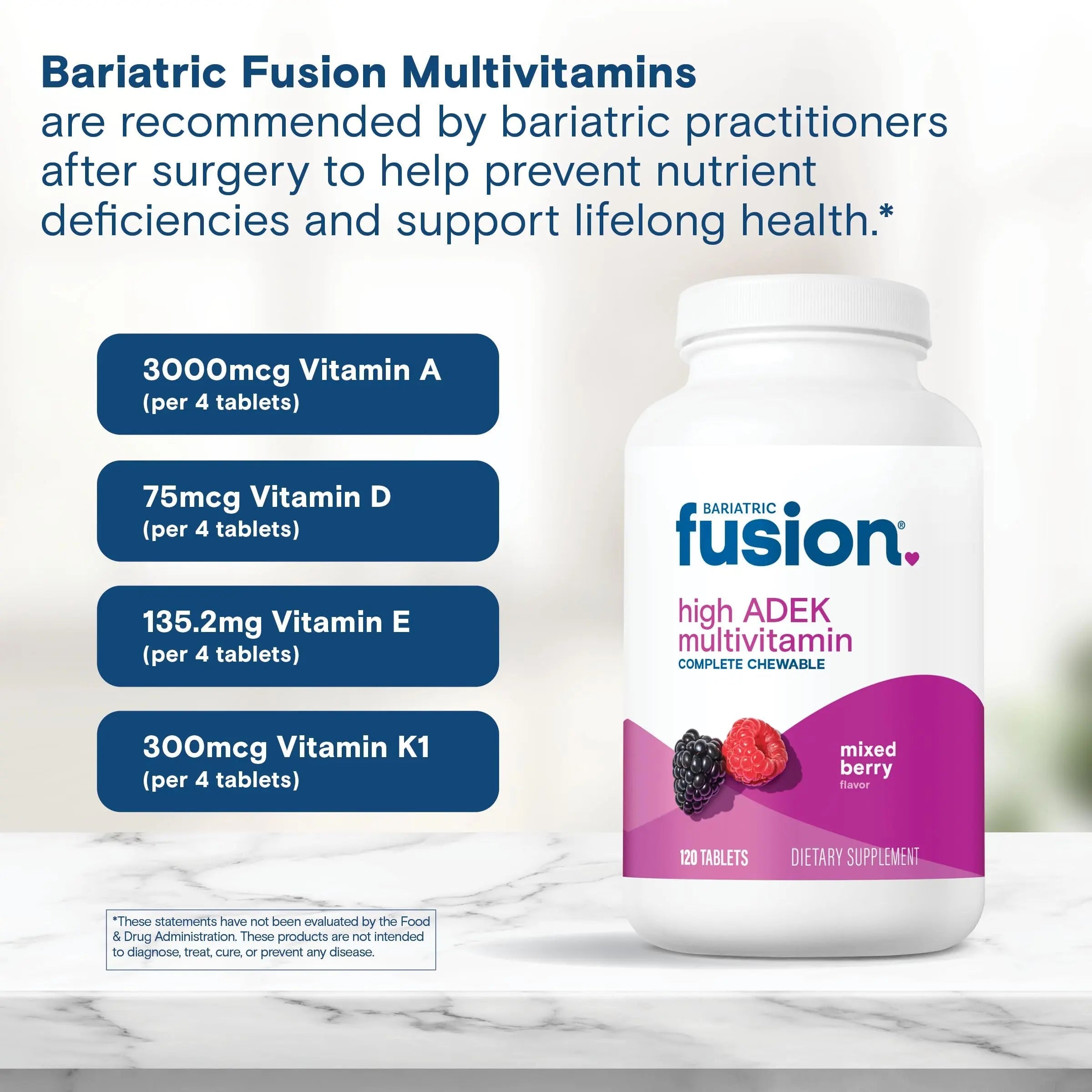 Bariatric Fusion Chewable Multivitamin with High ADEK Vitamins | Multi for Duodenal Switch Patients | Mixed Berry Flavored Tablets | Bariatric Fusion