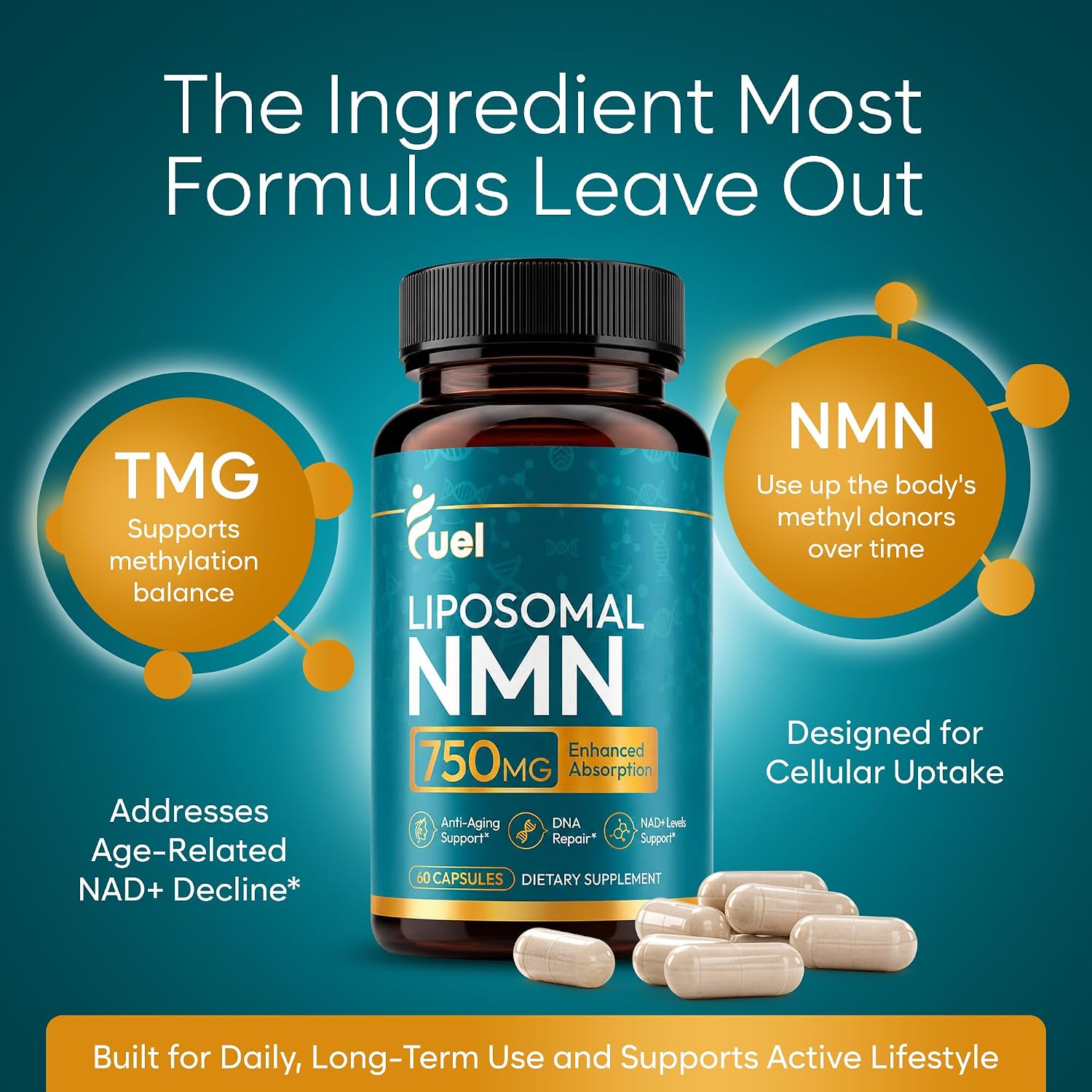 Fuel Liposomal NMN 750mg per Serving (500mg NMN + 250mg TMG) – Enhanced Absorption Nicotinamide Mononucleotide Supplement – NAD+ Support, 60 Capsules, Non-GMO, Lab Tested