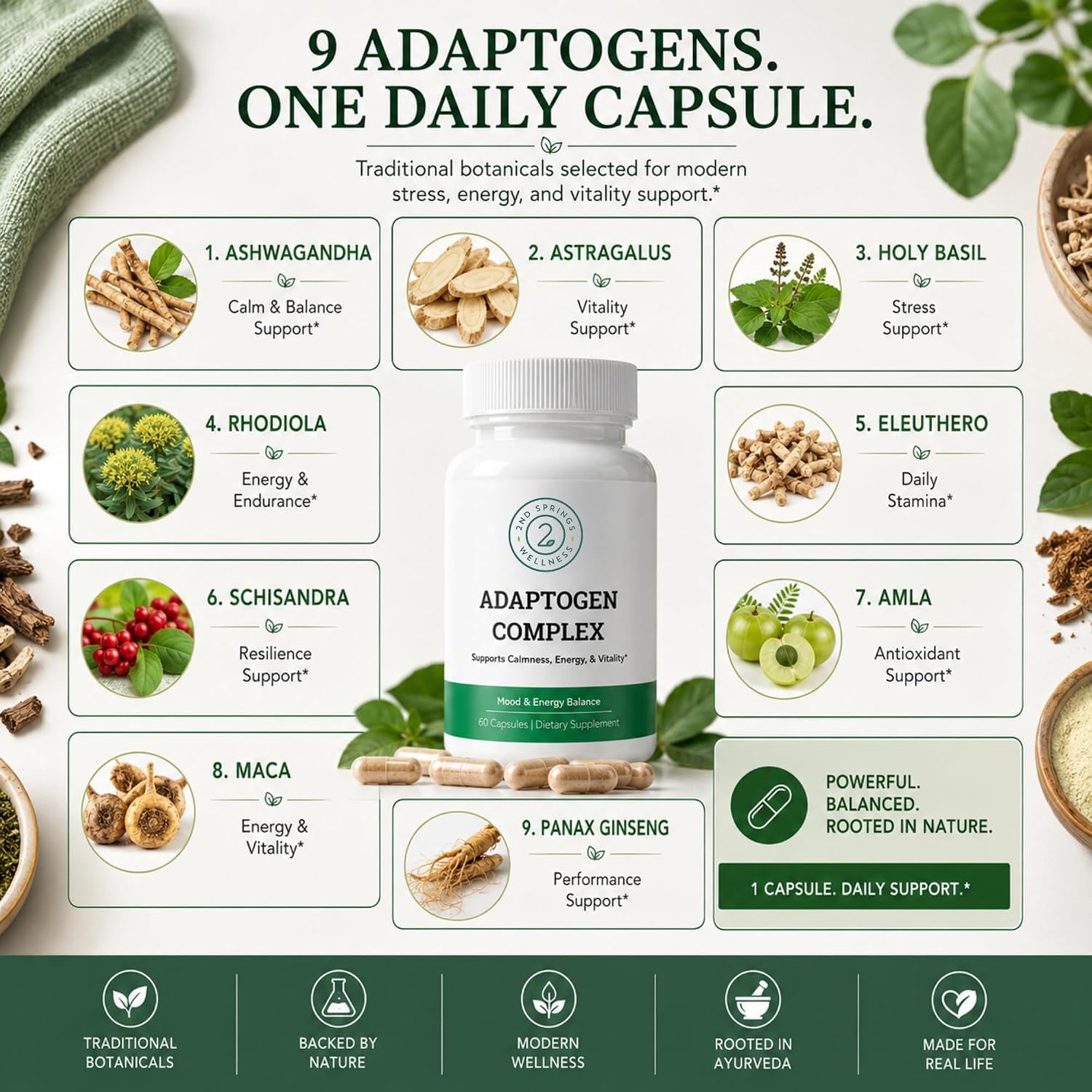 Adaptogen Complex Calmness, Energy and Vitality Booster - Ashwagandha, Schisandra, Astragalus, Ginseng, Rhodiola, and More - Adrenal Support Supplements - 60 Ct