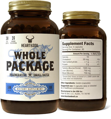 HEART & SOIL Whole Package Supplement, 180 Capsules | 100% grass fed & finished testicle, liver & blood extract for male reproductive wellness, hormonal health & energy output.