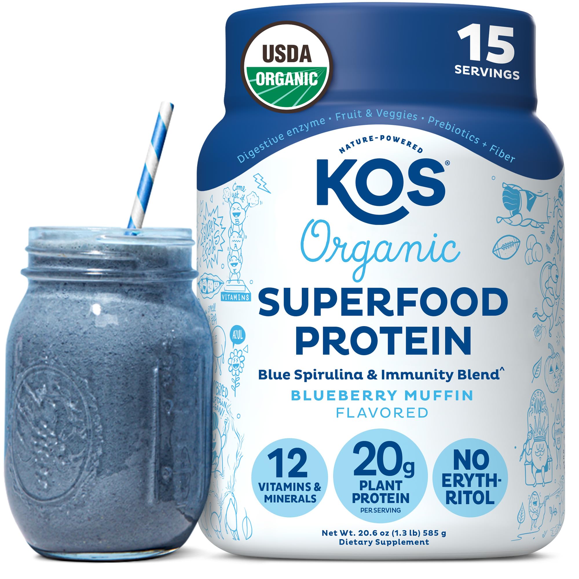 KOS Plant Based Protein Powder, Blueberry Muffin - Organic Pea Protein Superfood with Spirulina and Immune Support Blend. Soy, Gluten, Dairy Free - Vegan Meal Replacement for Women & Men - 15 Servings KOS buy supplements Au