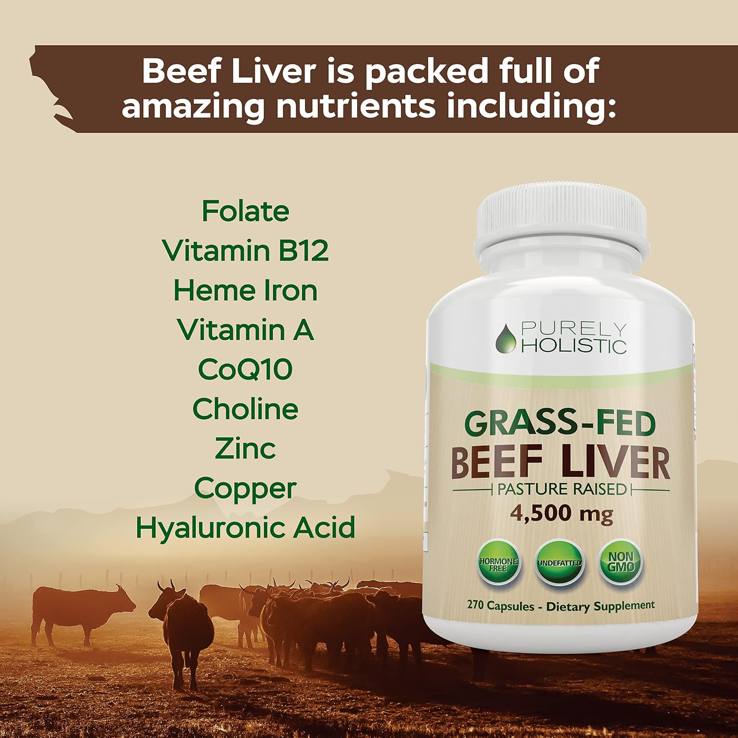 Grass Fed Beef Liver Capsules, 750mg Per Capsule, Energy Support, 270 Ct | Pasture-Raised Hormone-Free and Non-GMO Beef Liver Supplement, Desiccated Ancestral Organ Supplements for Men and Women
