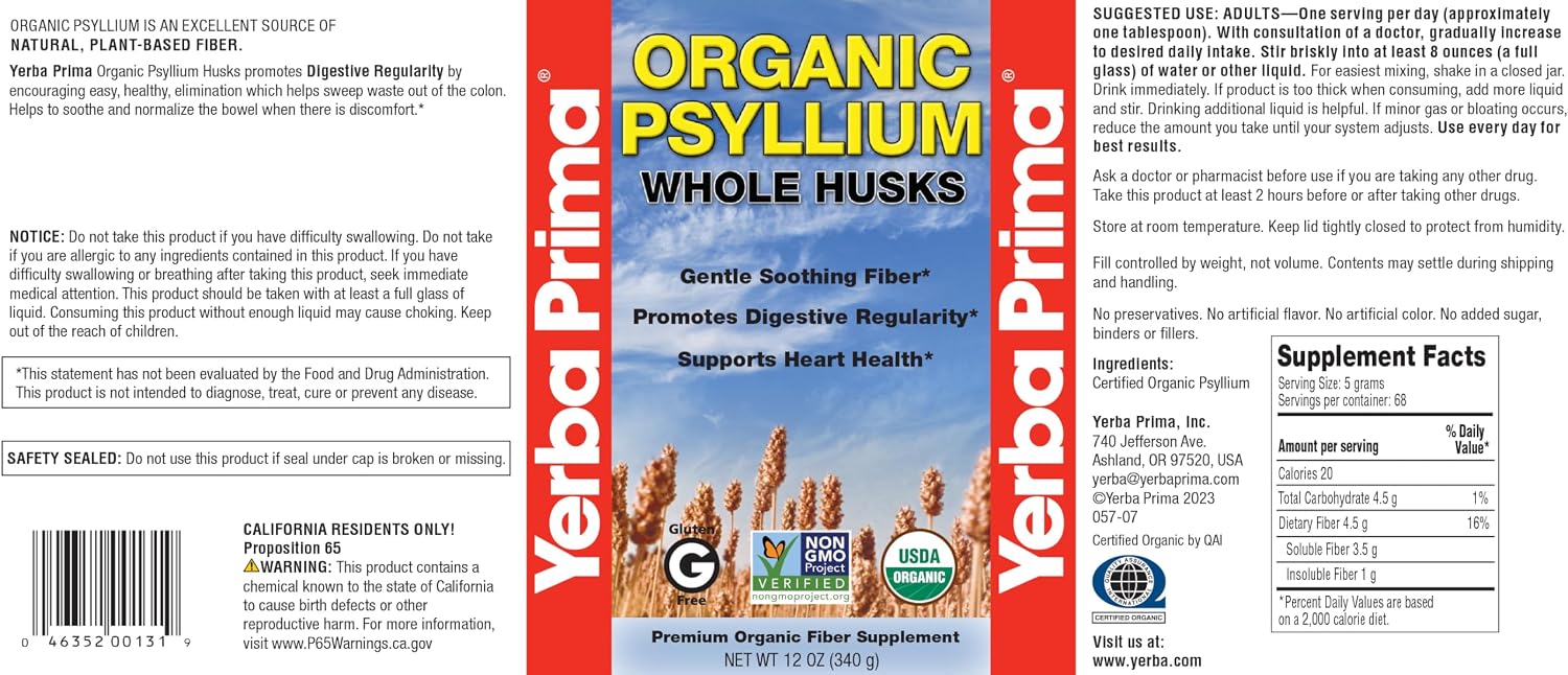 Yerba Prima Organic Psyllium Whole Husks 12 oz - Natural Dietary Fiber Supplement, Non GMO, Gluten Free, Keto and Vegan Friendly for Regularity Support, Unflavored