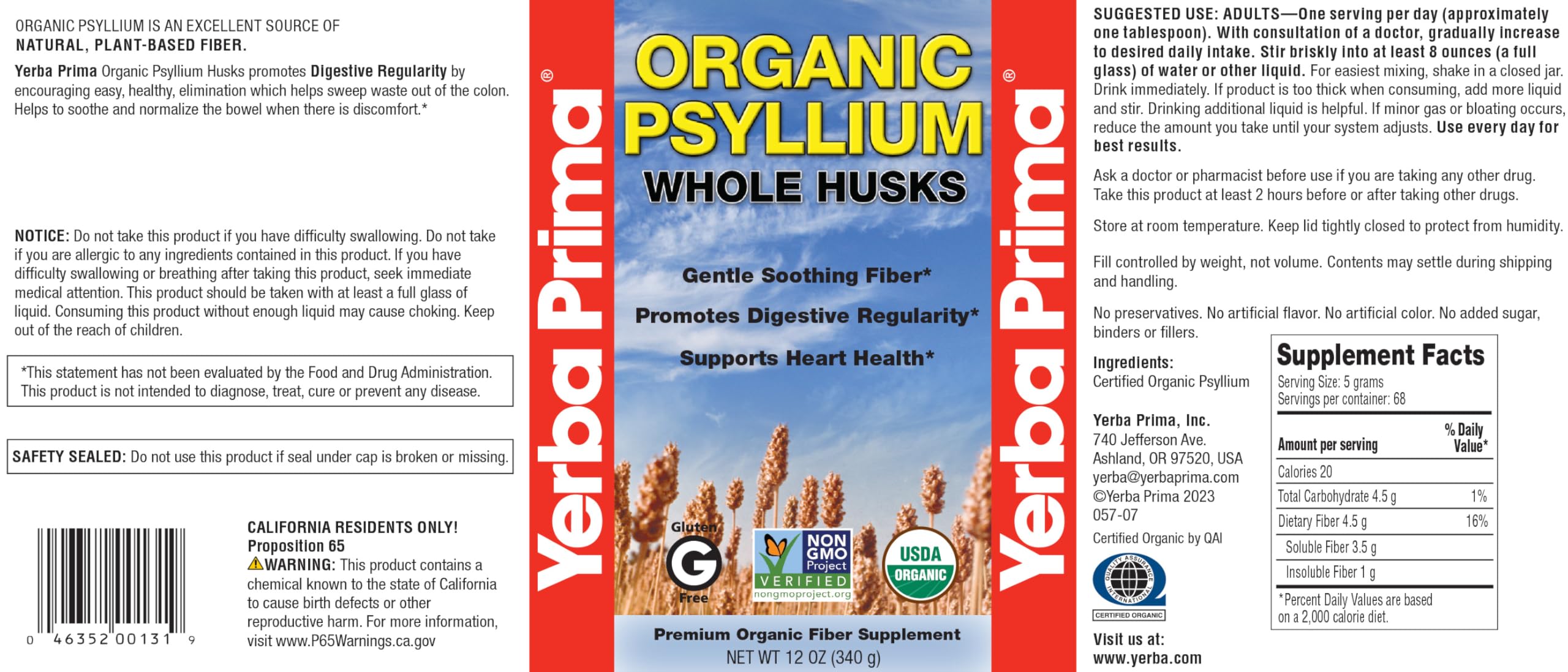 Yerba Prima Organic Psyllium Whole Husks 12 oz - Natural Dietary Fiber Supplement, Non GMO, Gluten Free, Keto and Vegan Friendly for Regularity Support, Unflavored