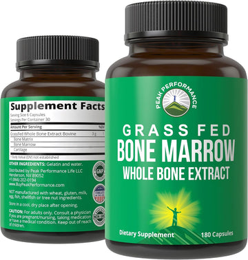 Peak Performance Grass Fed Bone Marrow - Whole Extract Supplement 180 Capsules - Superfood Pills Rich in Collagen, Vitamins, and Amino Acids - from Matrix Cartilage - Ancestral Tablets
