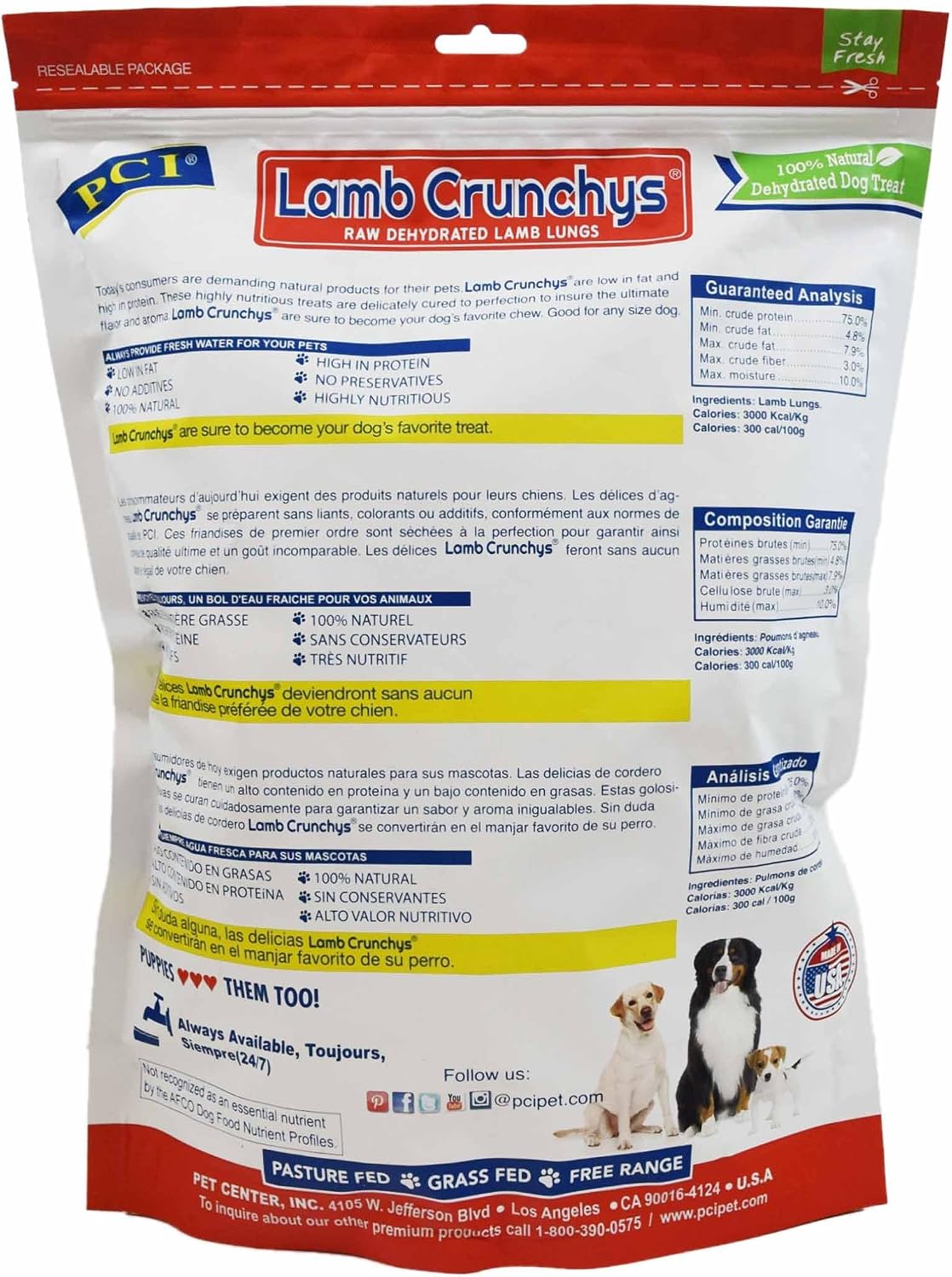 PCI Pet Center Inc Lamb Crunchys raw dehydrated Lamb Dog Treats, 16 oz Pack | Made in USA dog treats from single-ingredient lamb lung, for dogs of all ages - can be used for training or daily treats