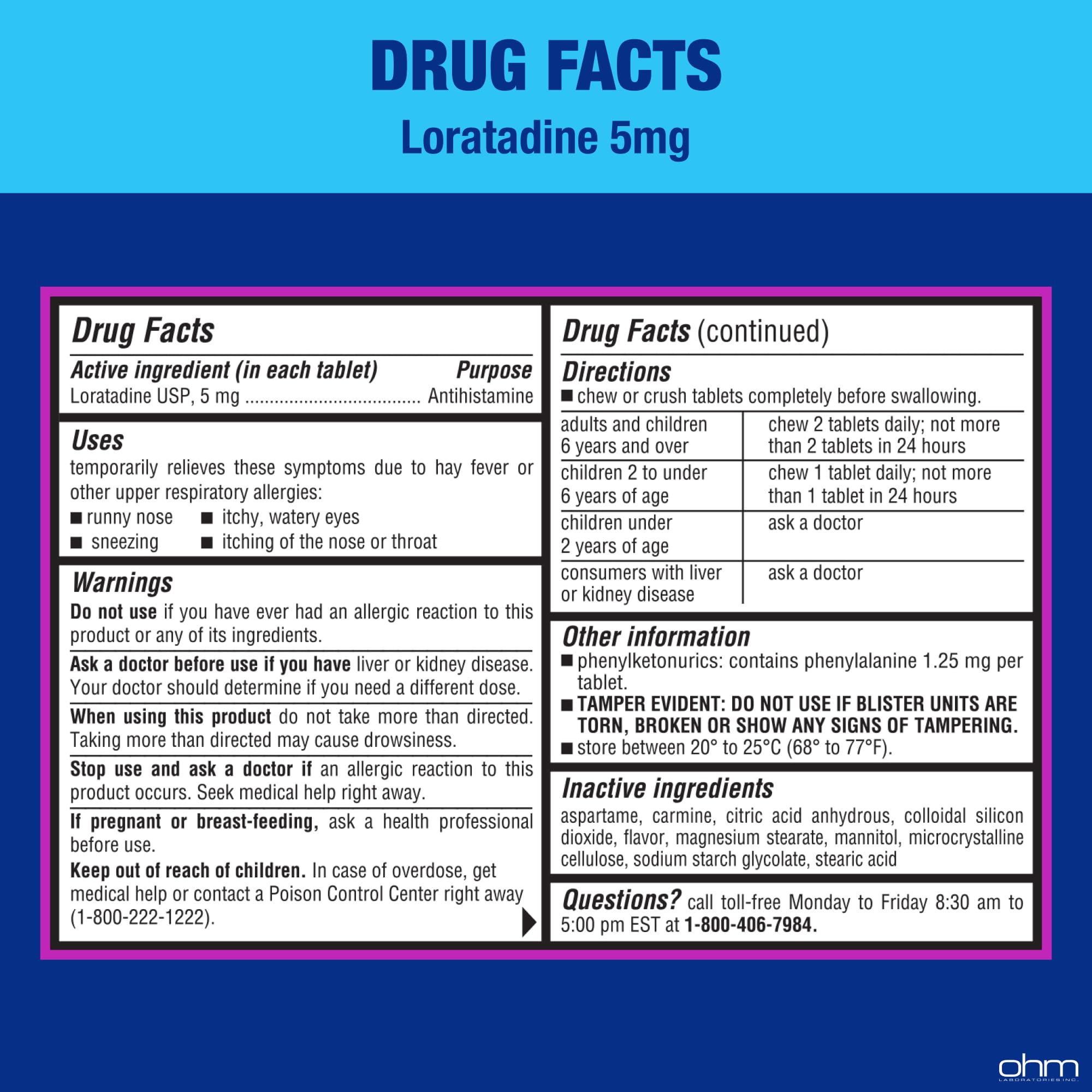 Ohm Children's Allergy Medicine, Loratadine 5mg, Chewable Tablets (30 Count) Bubblegum Flavor, Non-Drowsy Antihistamine, 24-Hour Allergy Relief for Runny Nose, Watery Eyes, Itchy Throat & Nose