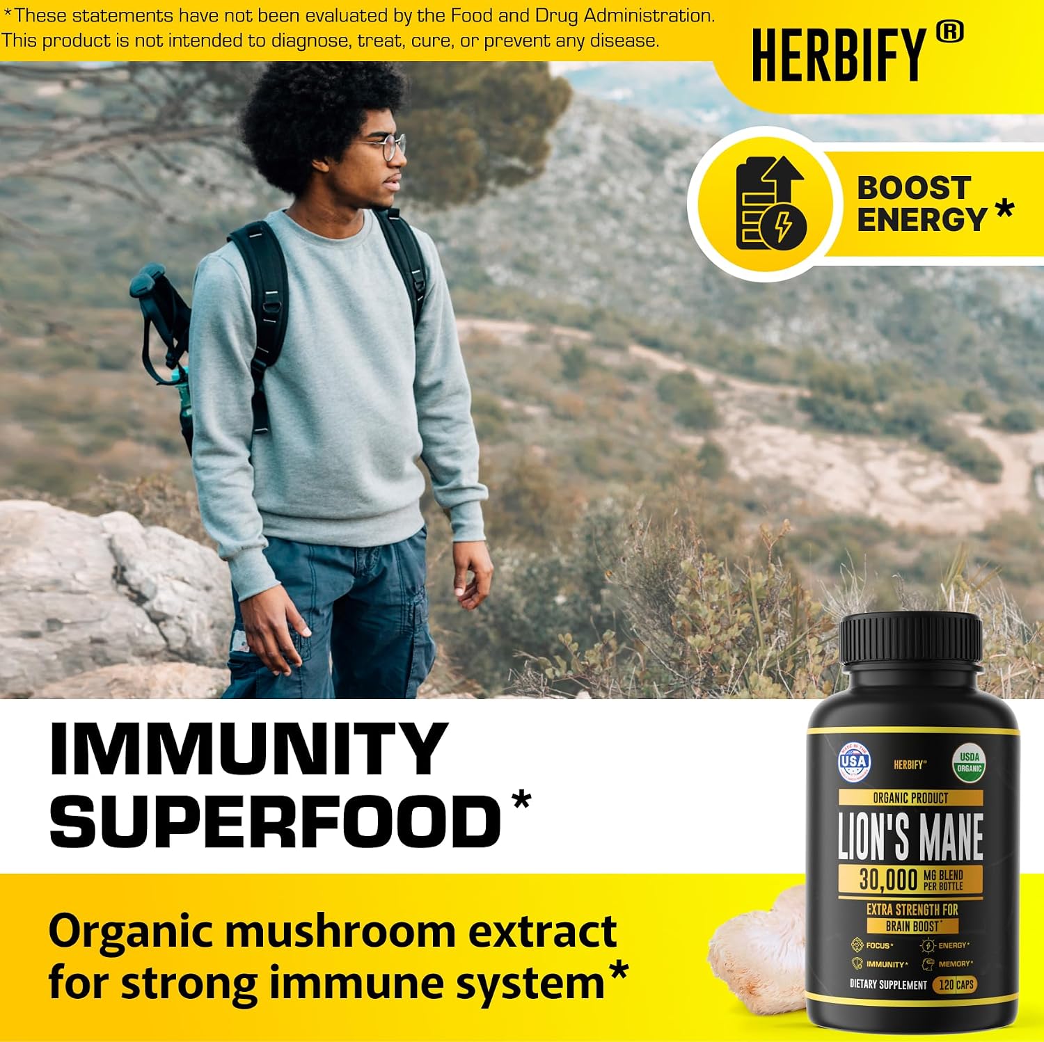 HERBIFY Bundle Lions Mane Capsules & Mullein Drops - Daily Supplement for Memory, Focus, Clarity & Powerful Lung Cleanse Support