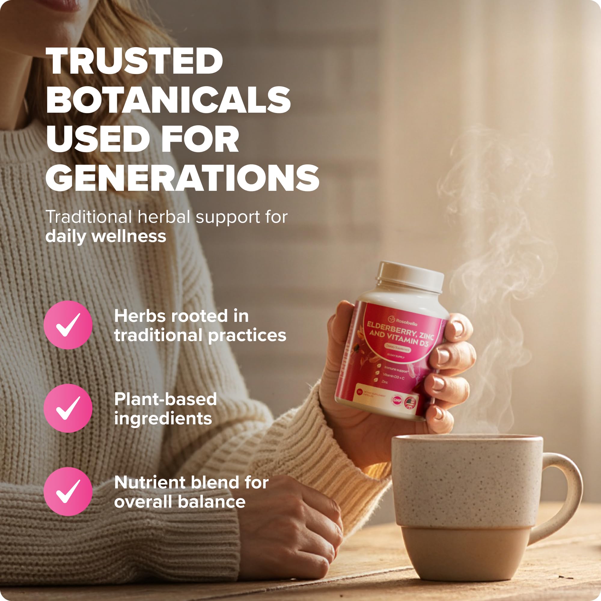 Rosabella Elderberry, Zinc & Vitamin D3 Capsules – Elderberry Supplement with Echinacea, Vitamin C & Zinc, Immune Support Supplement for Daily Wellness, Vegan Capsules – 90 Count (Pack of 1)