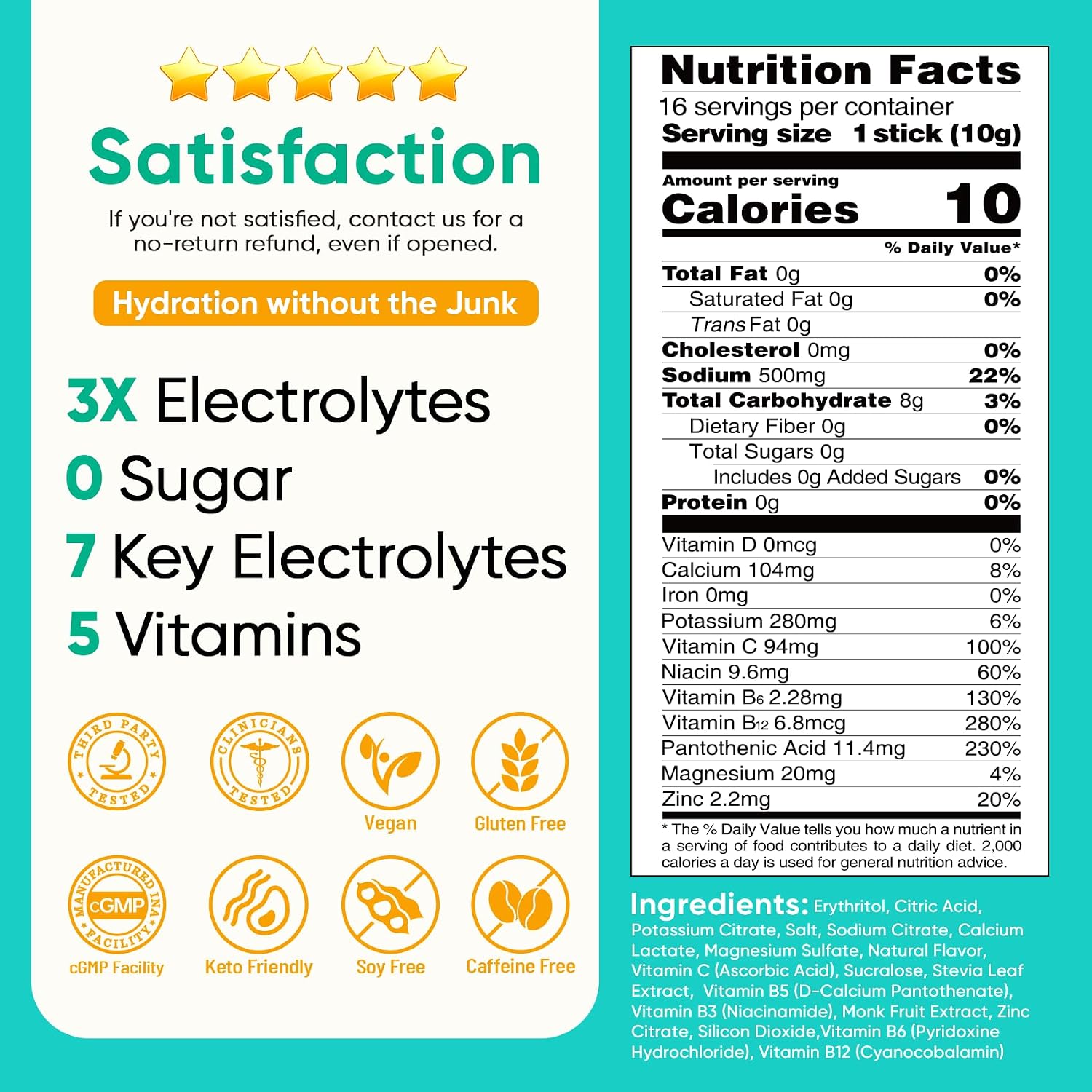 Venture Pal Sugar Free Electrolyte Powder, Liquid Daily IV Hydration Packet | 7 Electrolytes & 5 Vitamins, Electrolytes Dink Mix for Party Recovery & Instantly Hydration, Vegan, Keto-Friendly, 16 Sticks