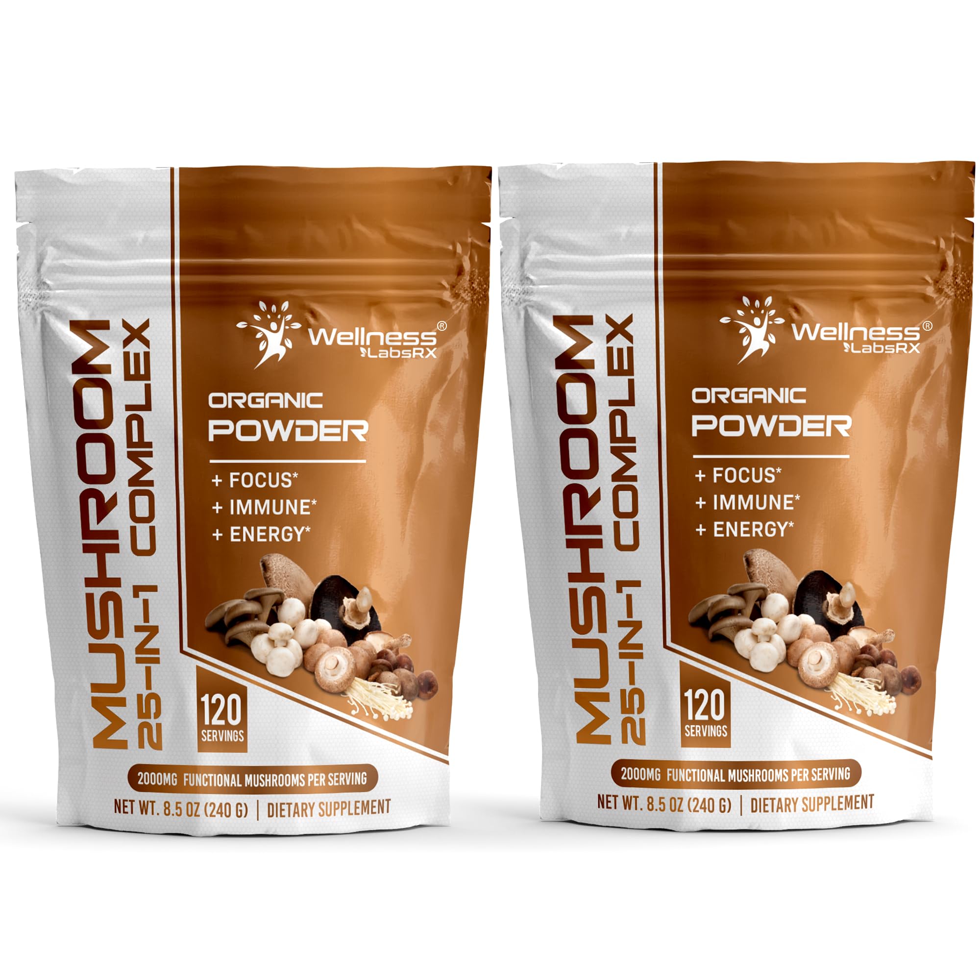 WELLNESS LABSRX Mushroom Powder, 25 in 1 Mushrooms Supplement - 2000mg, 25 Superfood Mishroom Lions Mane Powder with Chaga, Shiitake, Cordyceps, Reishi - Lion's Mane Mushroom - 120 Servings