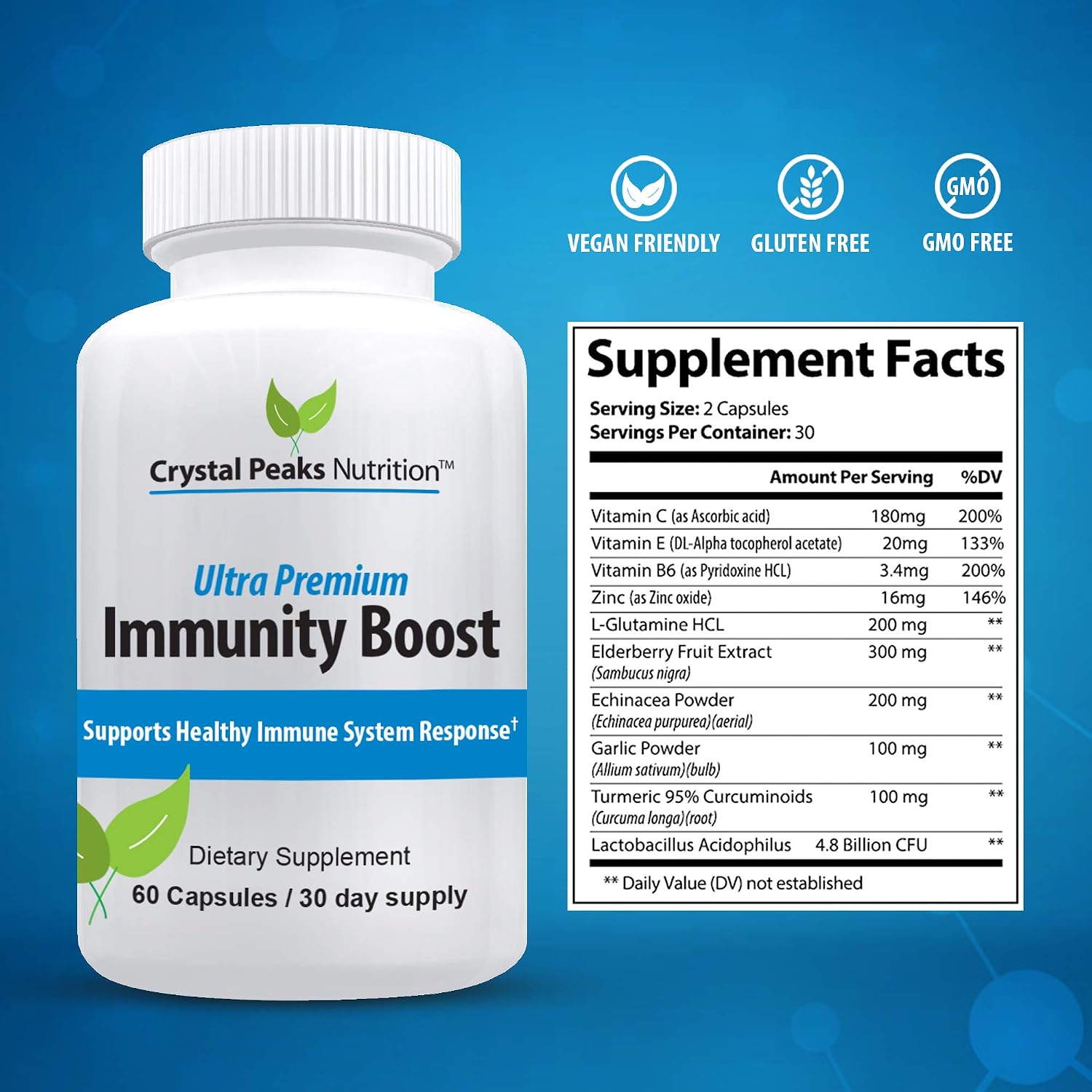 Immune Support Capsules with Elderberry, Vitamin C, Echinacea, Garlic, Zinc, Turmeric, and More for Adult Men and Women - Easy-to-Swallow Immune Support Vitamins - 60 Vegan Capsules (30 Day Supply)