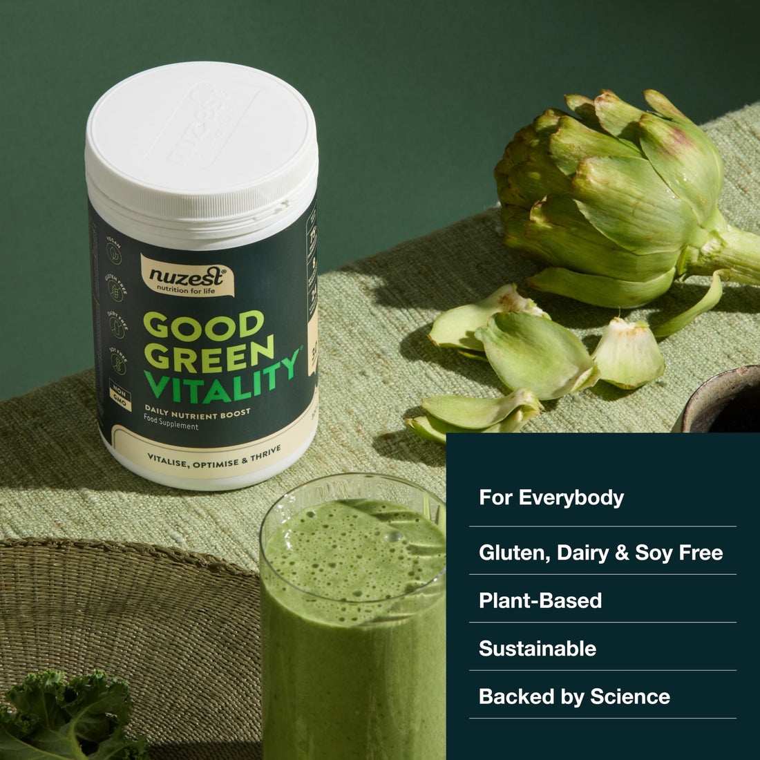 Nuzest Good Green Vitality supplement container on a white background