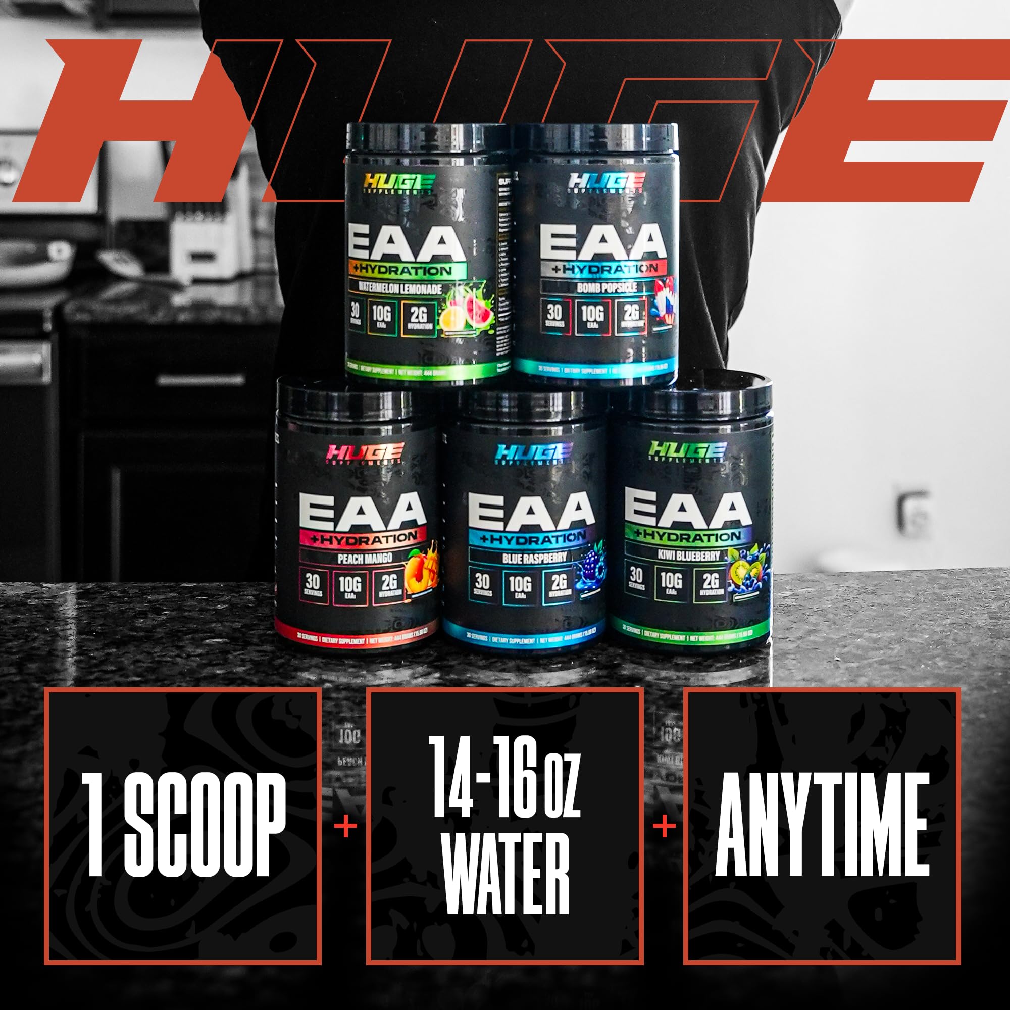 Huge EAA + Hydration, Essential Amino Acids Powder, EAAs & BCAAs, Intra & Post Workout Recovery Powder, Muscle Growth, Recovery & Performance, 10g EAAs & Electrolytes, Kiwi Blueberry, 30 Servings