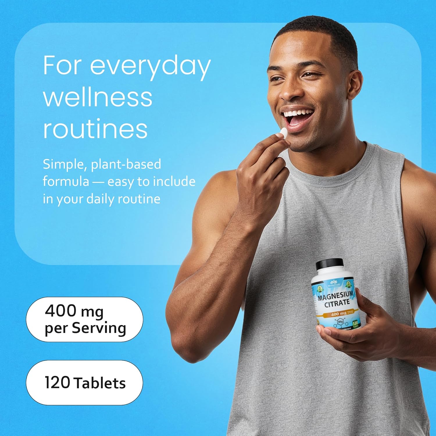 NaturaLife Labs Magnesium Citrate 400 mg per Serving – 120 Tablets, Vegan, Non-GMO