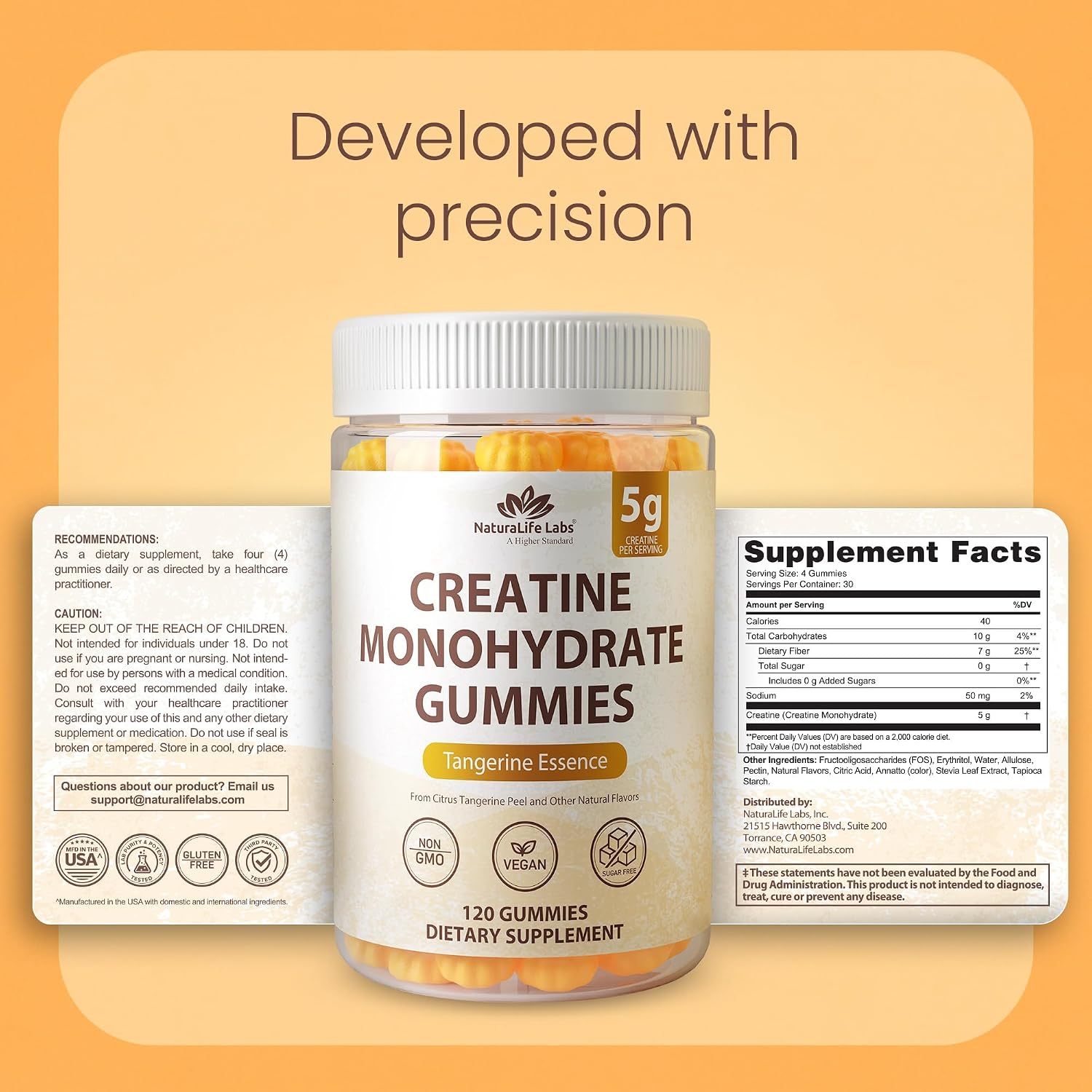 NaturaLife Labs Creatine Monohydrate Gummies - 5g per Serving - Tangerine Flavor - 120 Gummies - Gluten-Free, Non-GMO, Vegan, Sugar Free