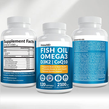 4-in-1 Fish Oil Omega 3 Fatty Supplements (2100mg) - Omega 3 Fish Oil with Vitamins D3 K2 and CoQ10 - Lemon Flavored (120 softgels)