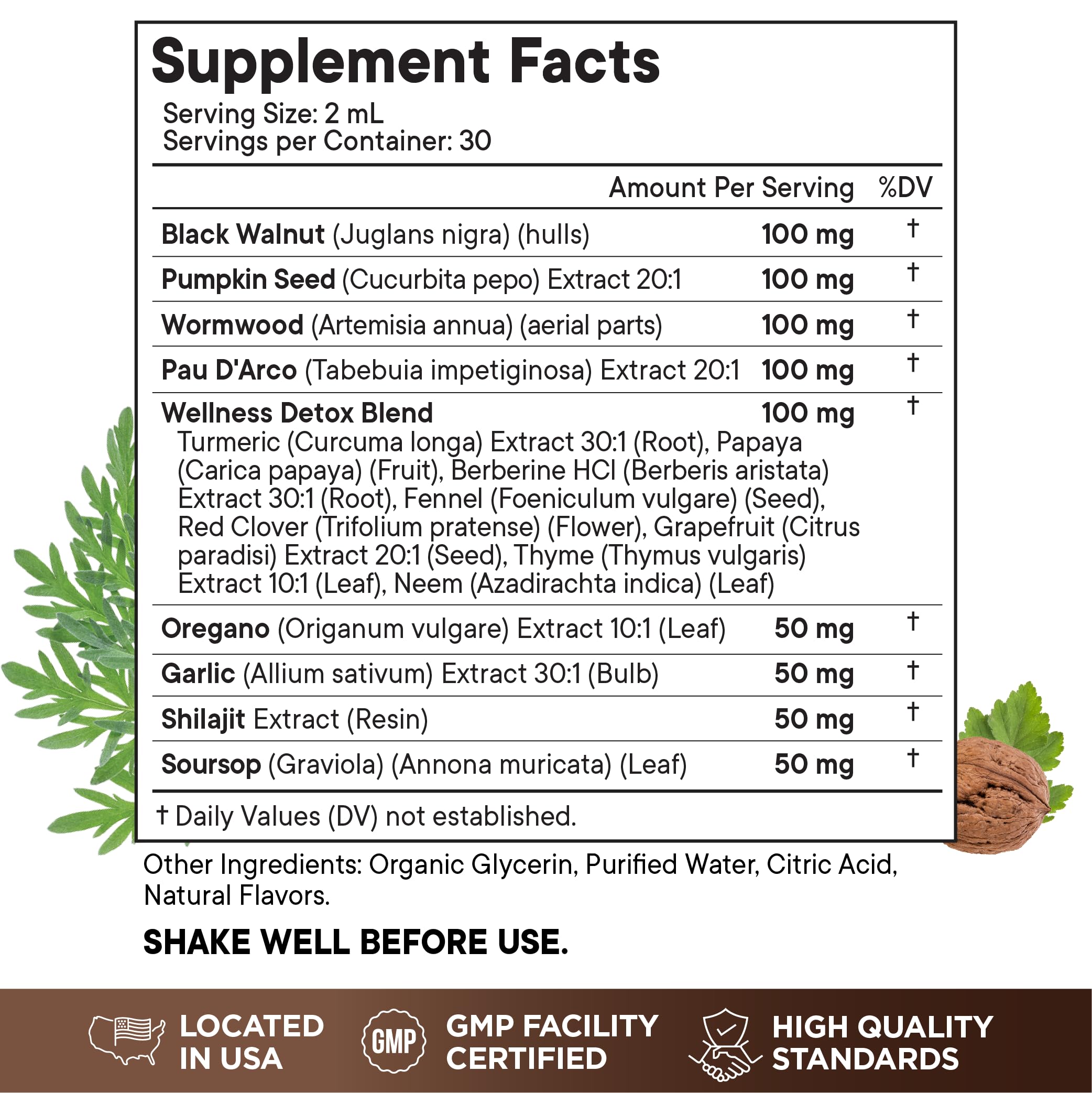 Wormwood Black Walnut Cleanse for Humans Drops Liquid Soursop Garlic Pumpkin Seed PAU D'Arco Oil of Oregano Turmeric Berberine Neem Extract Hull Bark Tincture - 4 oz