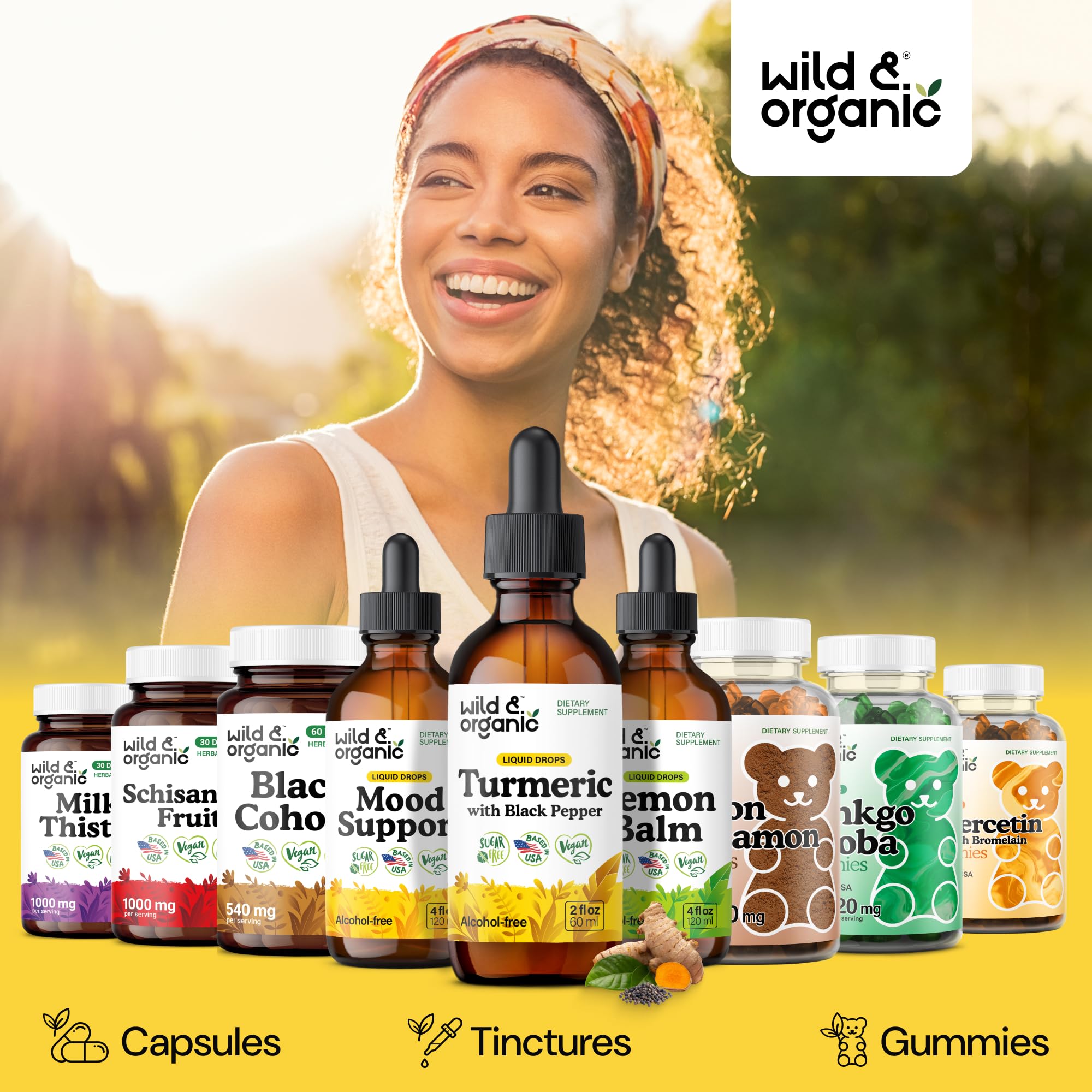 Wild & Organic Turmeric Supplement Liquid Drops - Movement & Immune Support - Liquid Turmeric with Black Pepper Extract - Add to Tea Tincture - Curcumin Supplements - Sugar & Alcohol-Free - 4 fl oz