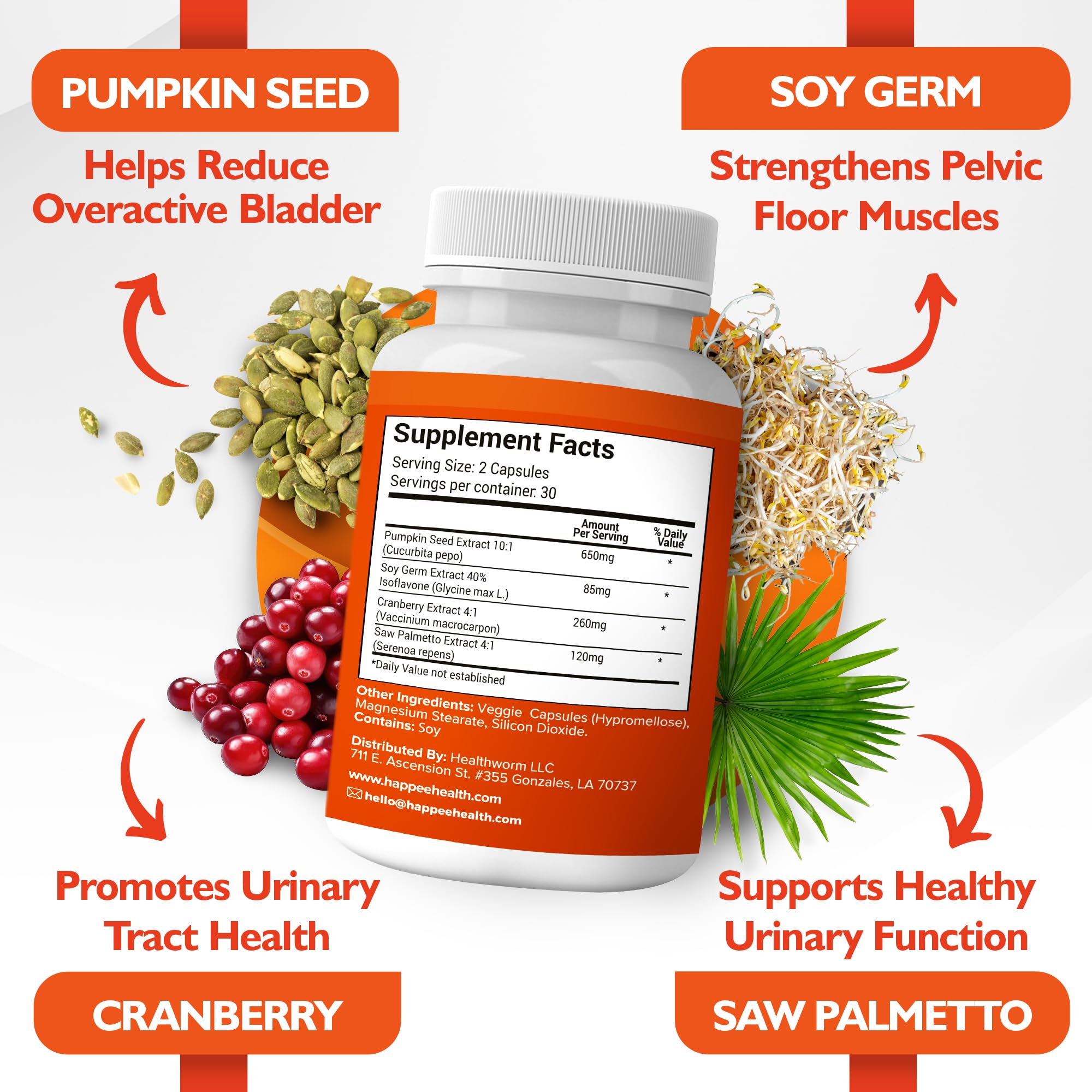 Happee Bladder Control Supplement for Women & Men - Pumpkin Seed Extract, Soy Germ, Saw Palmetto & Cranberry Blend - Bladder Support for Urinary Frequency, Leaks & Urgency - 60 Capsules
